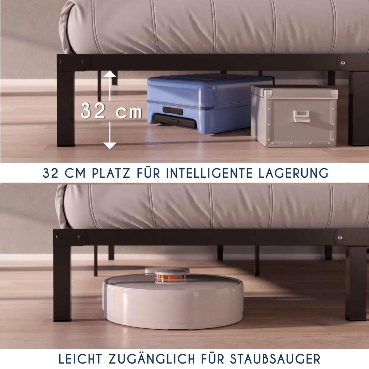 Dreamzie Bett 160x200 mit Lattenrost aus Metall - Bettgestell 160x200 für Matratze, Höche 35 cm - Großer Stauraum, Leicht zu Montieren und Stabil - Schwarzer Lattenrost