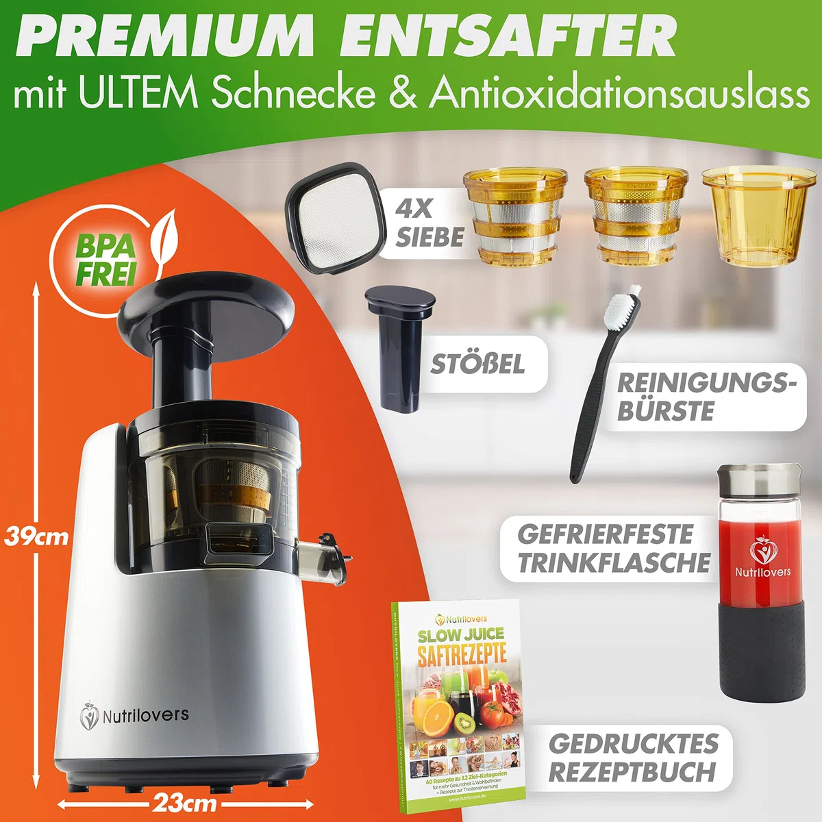 Nutrilovers Entsafter Slow Juicer NUTRI-PRESS NO.1 Testsieger Saftausbeute 3 Siebe Saft, Smoothie, Frucht-Eis, Sehr leise, BPA-Frei