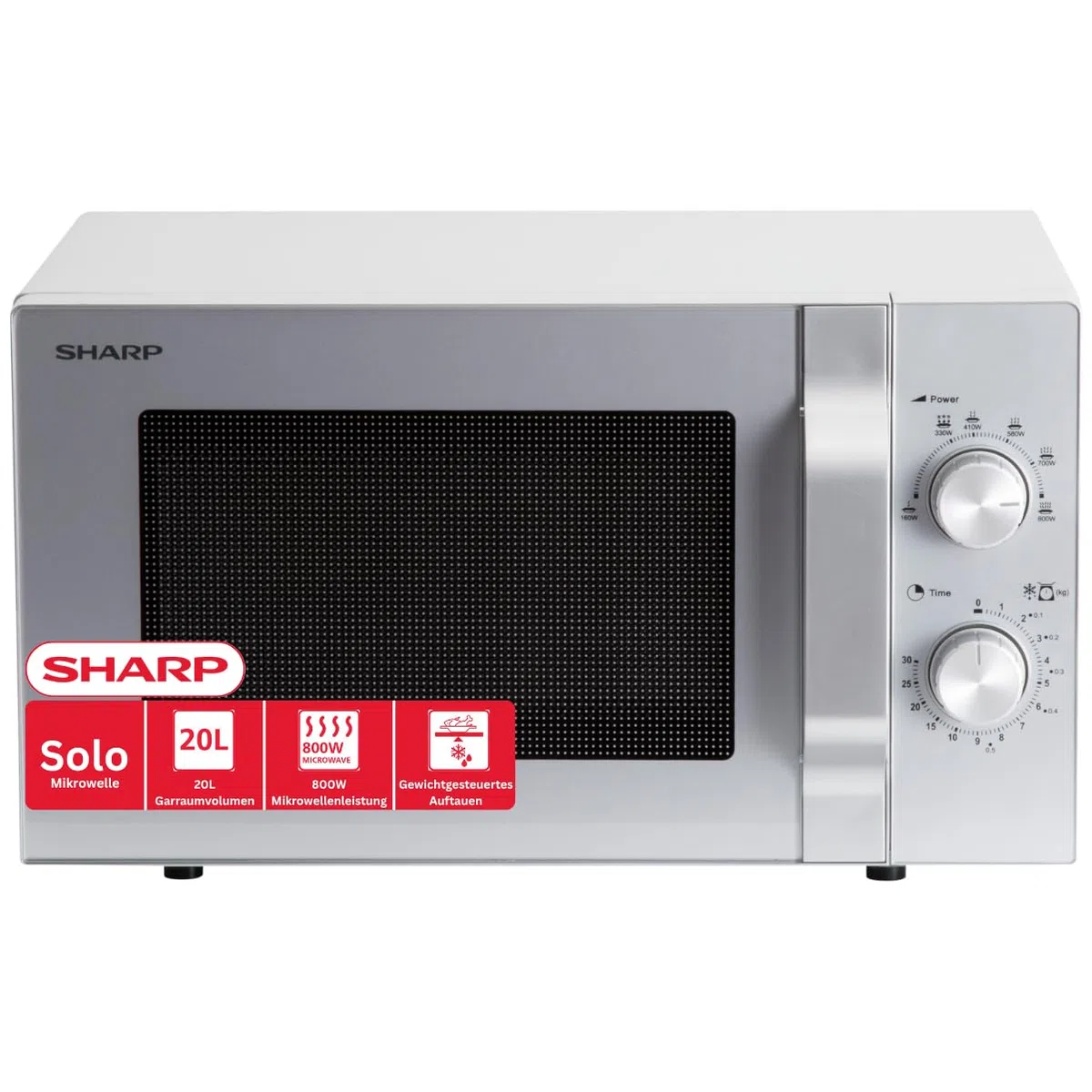 Sharp R204S Solo-Mikrowelle/ 20 L/ 800 W/ 6 Leistungsstufen/Zeitschaltuhr von 30 Minuten bis 00 Sekunden/Gewichtgesteuertes Auftauen/Glasdrehteller (24, 5 cm)/ Silber