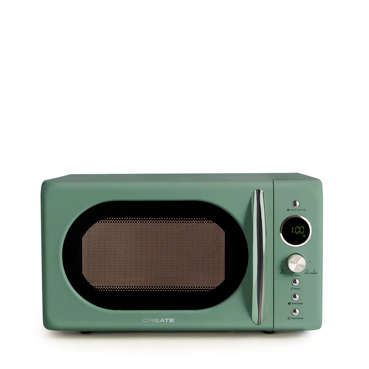 CREATE/MICROWAVE RETRO/Digitale Mikrowelle mit Grillfunktion Salbeigrün/Retro-Stil, 20L Fassungsvermögen, Drehteller Ø245mm, 3 Programme, 9 voreingestellte Menüs, LCD-Display, 900W