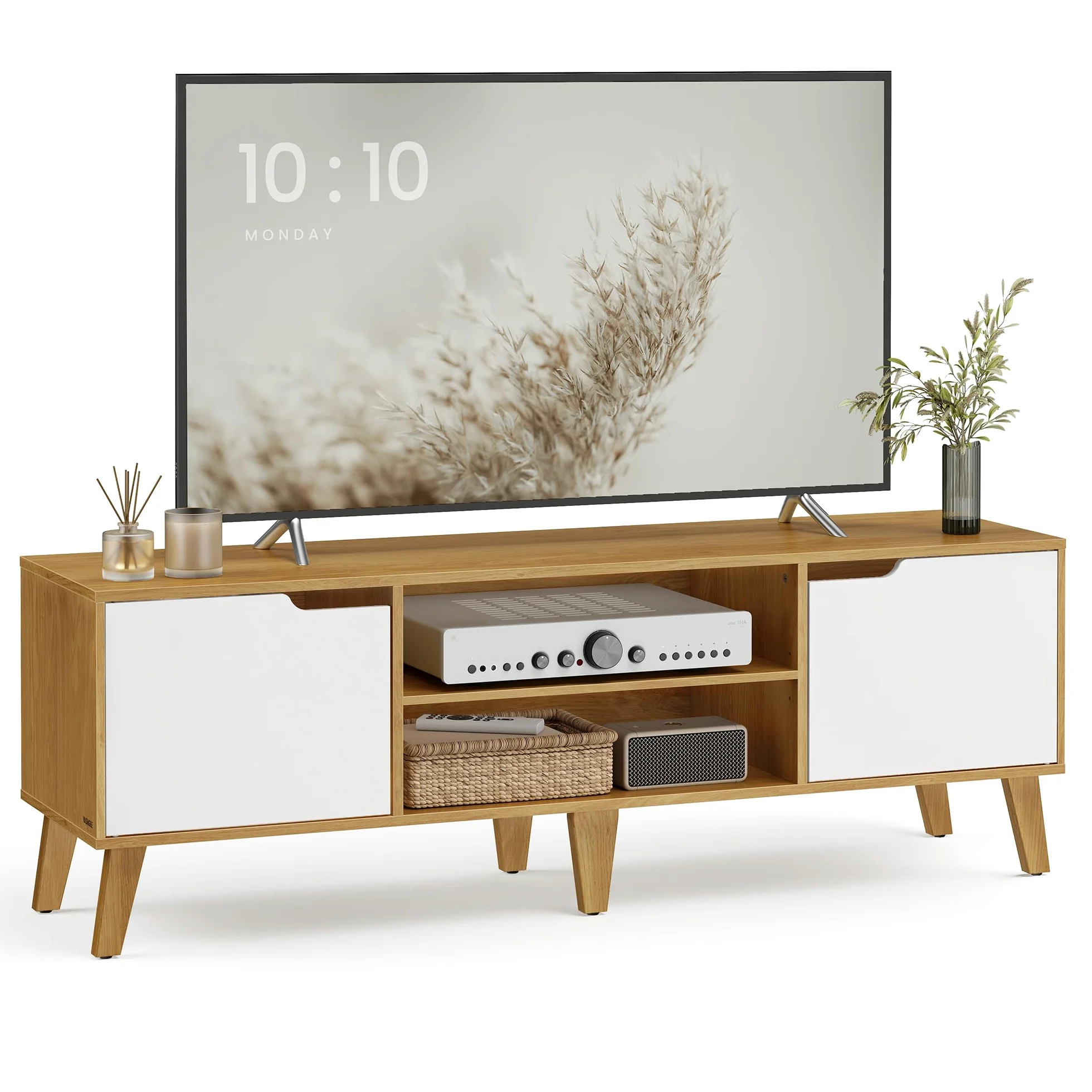 VASAGLE TV-Schrank, Lowboard, Fernsehschrank mit Verstellbarer Ablage, für Fernseher bis zu 65 Zoll, 147 cm lang, Übergangsstil, Fernsehtisch, Wohnzimmer, natureichenfarben-cremeweiß LTV556Y01