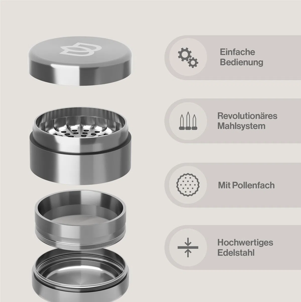 Bloomint Apollo toothless Grinder Edelstahl, 63 mm, 4-Teiliger Premium Grinder zahnlos - Für Kräuter, Gewürze und Herb, Crusher mit Pollenfach