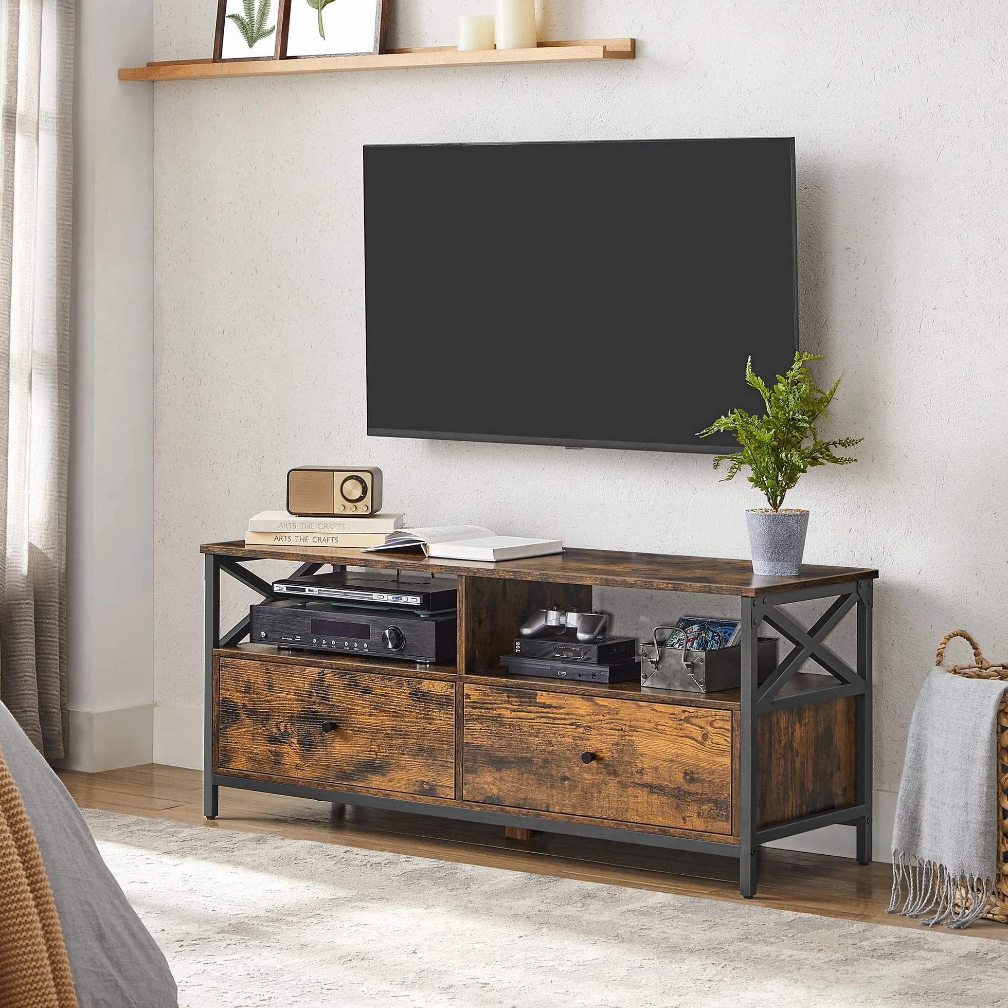 VASAGLE TV-Schrank, Lowboard für Fernseher bis zu 55 Zoll, 120 cm lang, Fernsehtisch mit 2 Schubladen, 2 offenen Fächern, 40 x 120 x 50 cm, Wohnzimmer, Stahlgestell, vintagebraun-schwarz LTV300B01