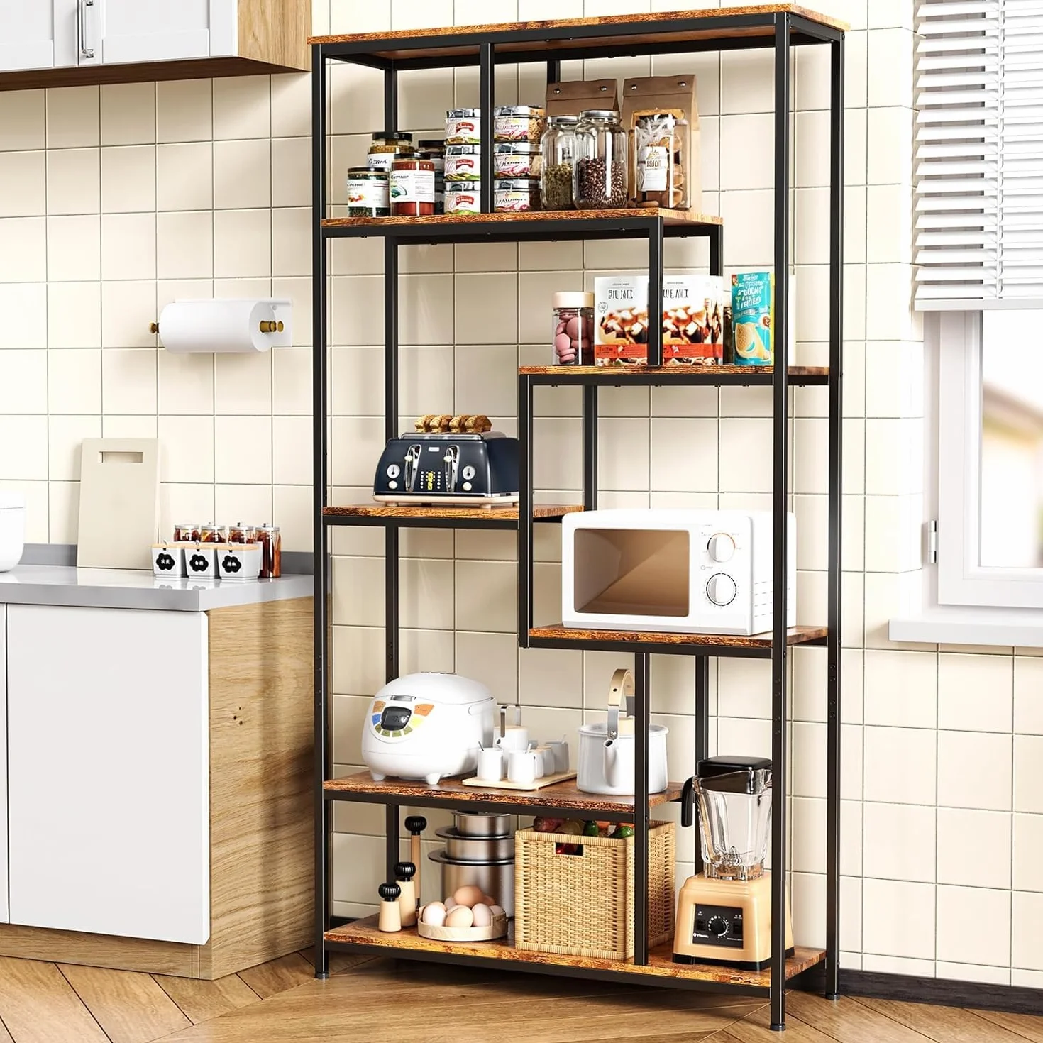 Bealife Bücherregal, 5-stöckiges Versetztes Bücherregal. Offenes Freistehendes Regal für Wohnzimmer, Industriedesign, 98 x 30 x 180 cm, Büro, Arbeitszimmer, Retro