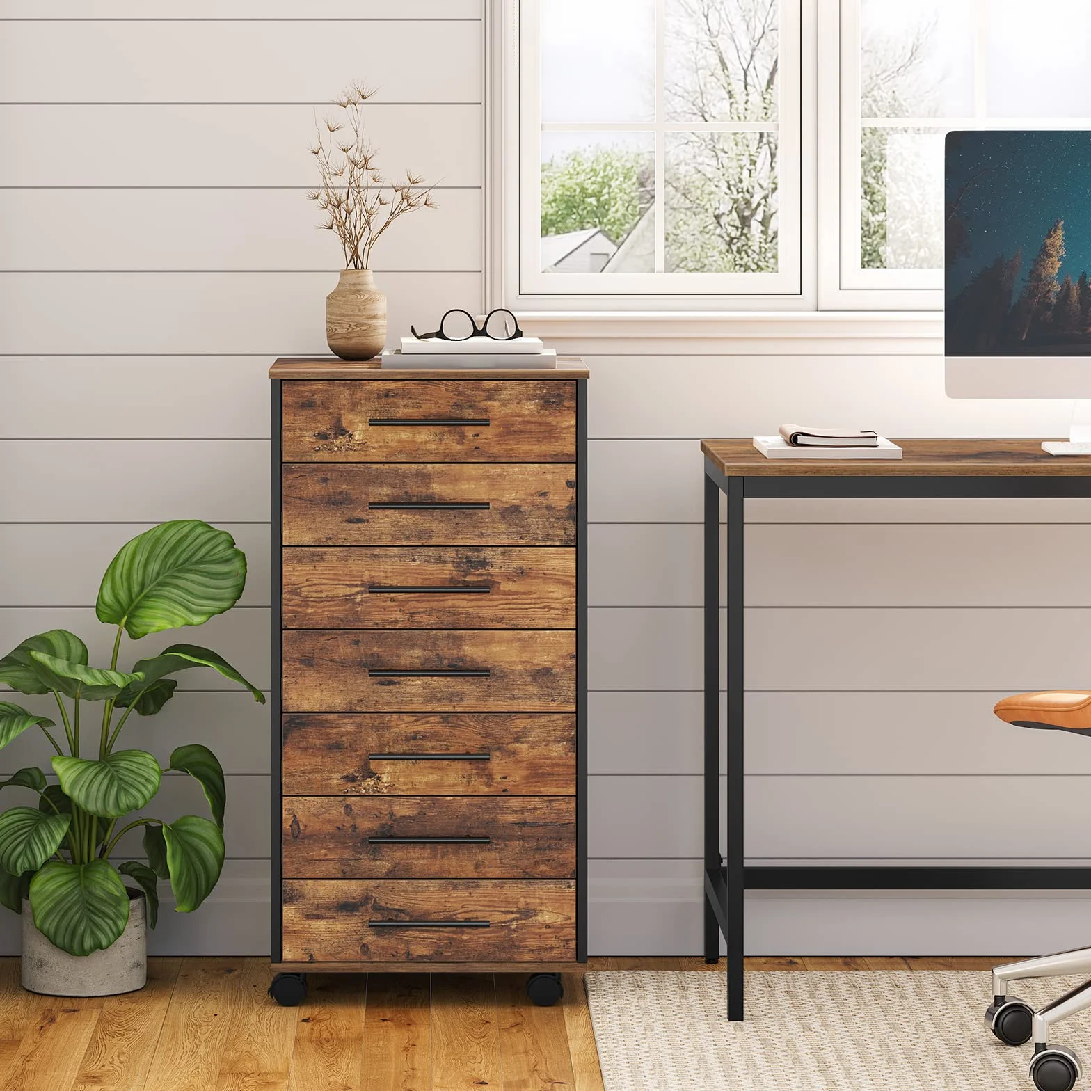 HOOBRO Rollcontainer mit 7 Schubladen, Aktenschrank, Holz Büroschrank, Büromöbel mit Schubladen, Aufbewahrungscontainer, für Büro, Arbeitszimmer, Einfache Montage, Vintagebraun und Schwarz EBF07WJ01