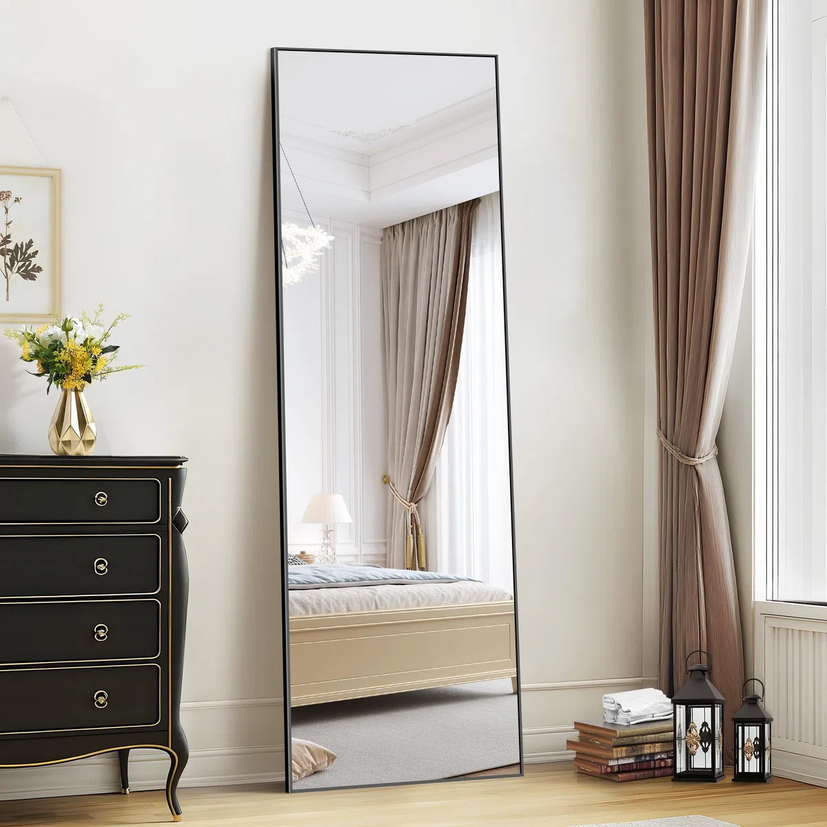 WOLIBEER Ganzkörperspiegel 161 x 52 cm, Rechteckiger Ganzkörperspiegel mit Schwarzem Aluminiumrahmen Wandspiegel Stehspiegel, Spiegel für Schlafzimmer, Ankleidezimmer Wohnzimmer Fitnessstudio Flur
