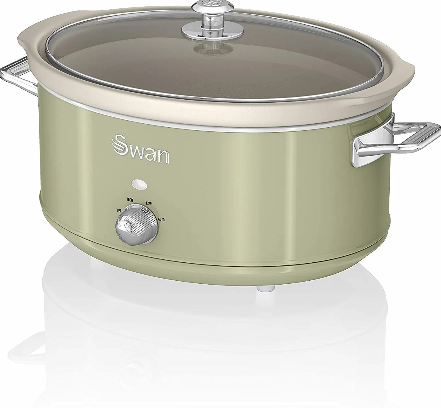 Swan Retro SF17031GN Slow Cooker 6,5L Abnehmbarer Kochbehälter, PFOA- und PTFE-freier Keramischer Antihaft-Behälter, 3 Temperaturstufen, Glasdeckel, Vintage-Design, Grün, 320W