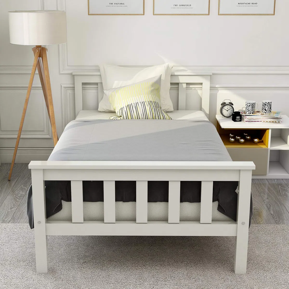 Merax Holzbett Einzelbett 90 x 200 cm, Weiß Massivholz Bettgestell mit Lattenrost und Hohem Kopfteil, Kinderbett Jugendbett Gästebett Rahmen Kiefer