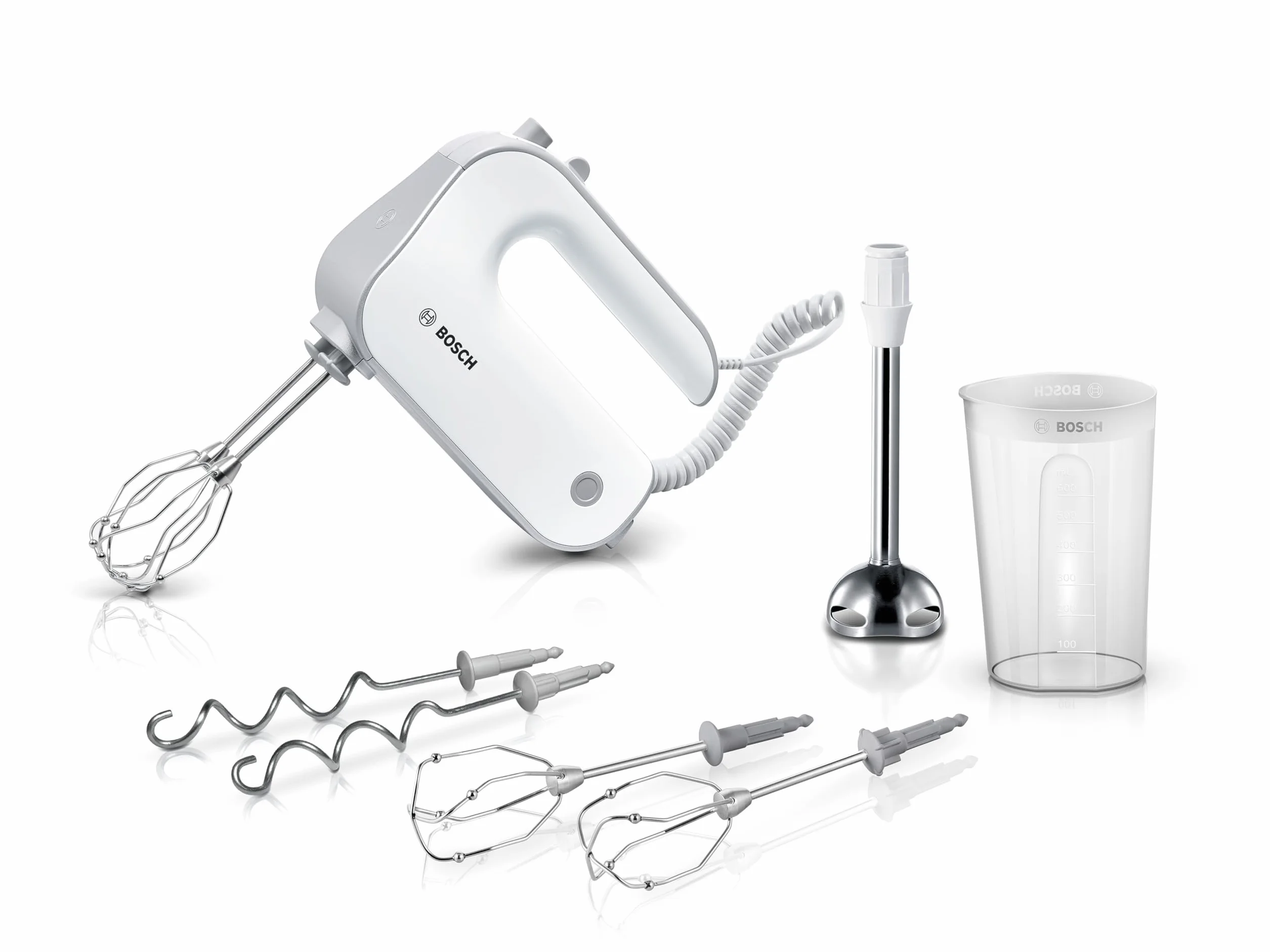 Bosch Handrührer Styline MFQ4075DE, 2 Rührbesen, 2 Edelstahl-Knethaken, spülmaschinengeeignet, Pürierstab, Mixbecher, 5 Stufen plus Turbostufe, 550 W, weiß/silber