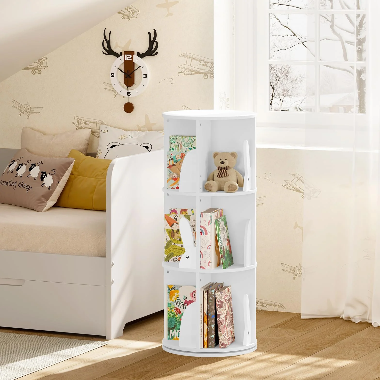 WOLTU Bücherregal Kinder, drehbares Kinderregal mit 3 Ebenen, Bücher Regal Kinderzimmer Wohnzimmer, Drehregal Spielzeugregal Kinderbücherregal Standregal, freistehend, Weiß