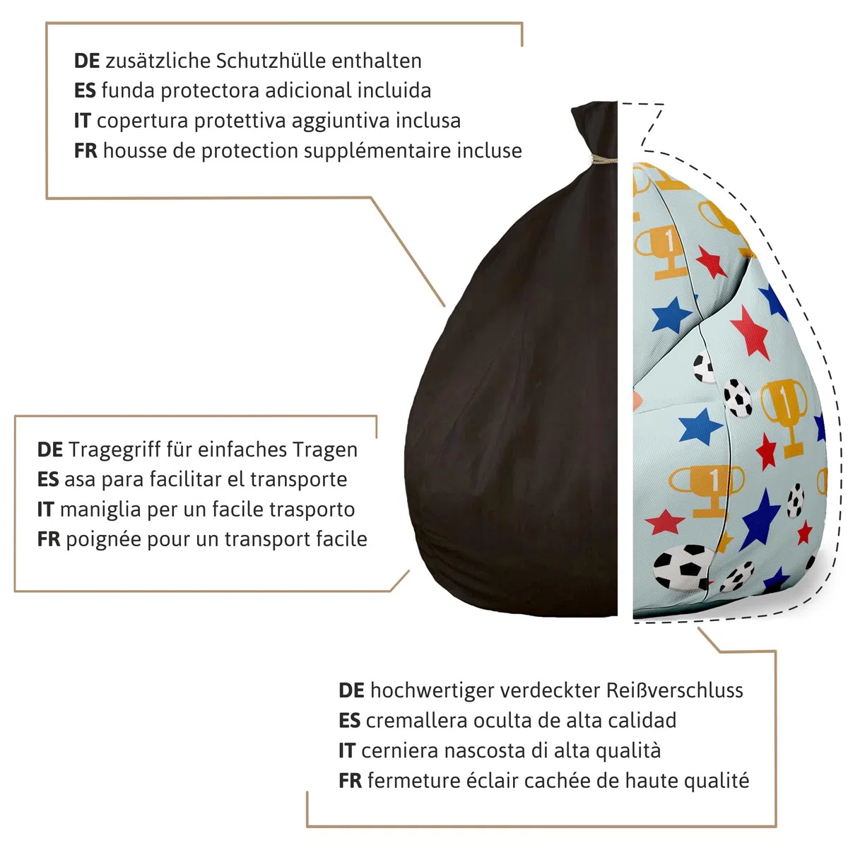 DreamRoots Personalisierte Sitzsack Kinder mit füllung - Personalisierte Geschenke Kinder - Sitzsack Kinderzimmer 80x80x120cm - Bean Bag - Kindersitzsack