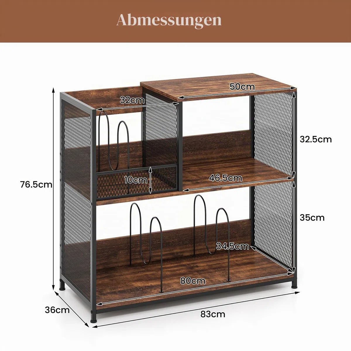 KOMFOTTEU Vinyl-Plattenspielerständer für bis zu 300 Alben, 3-stöckige Schallplatten-Display mit 3 abnehmbaren Trennwänden, Plattenspieler aus Holz und Metall (Braun)