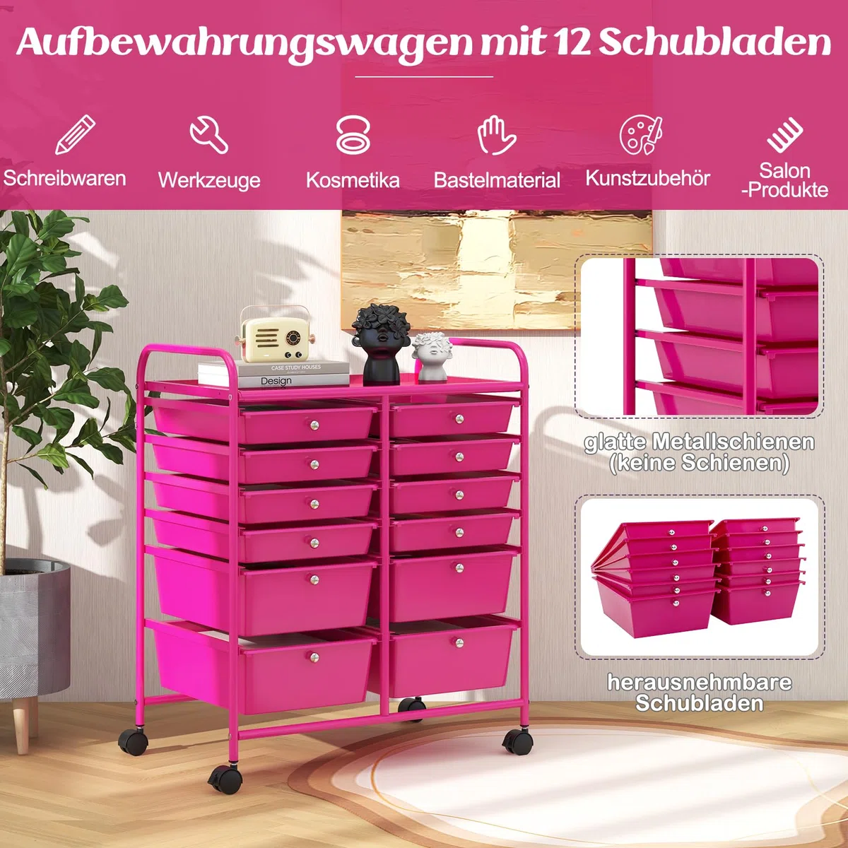 GOPLUS Rollwagen Schubladenwagen, Rollcontainer mit 12 stapelbaren Schubladen, Haushaltwagen auf Rollen mit Bremsen, Badtrolley Badregal, Aufbewahrungswagen für Heim und Büro (Hot Pink)