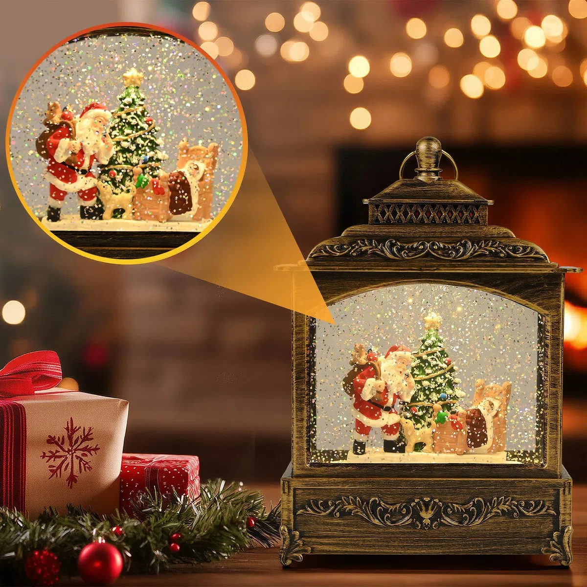 Gerbala Weihnachts Schneekugel Laterne, Schneekugel Weihnachten mit Musik, Weihnachts Schneelaterne, Leuchtend, USB/Batteriebetrieb, Laterne Weihnachten für Weihnachtsdeko und Geschenk-01
