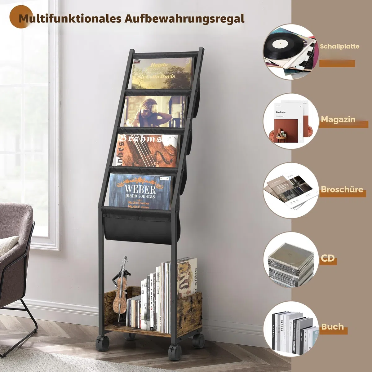 Schallplattenständer Vinyl Schallplattenhalter Bis zu 150 Alben Schallplatten Aufbewahrung Mit 4 -Tier Schallplattenhalter für Vinyl-Schallplatten, Plattenspieler Ständer Beistelltisch Nachttisch