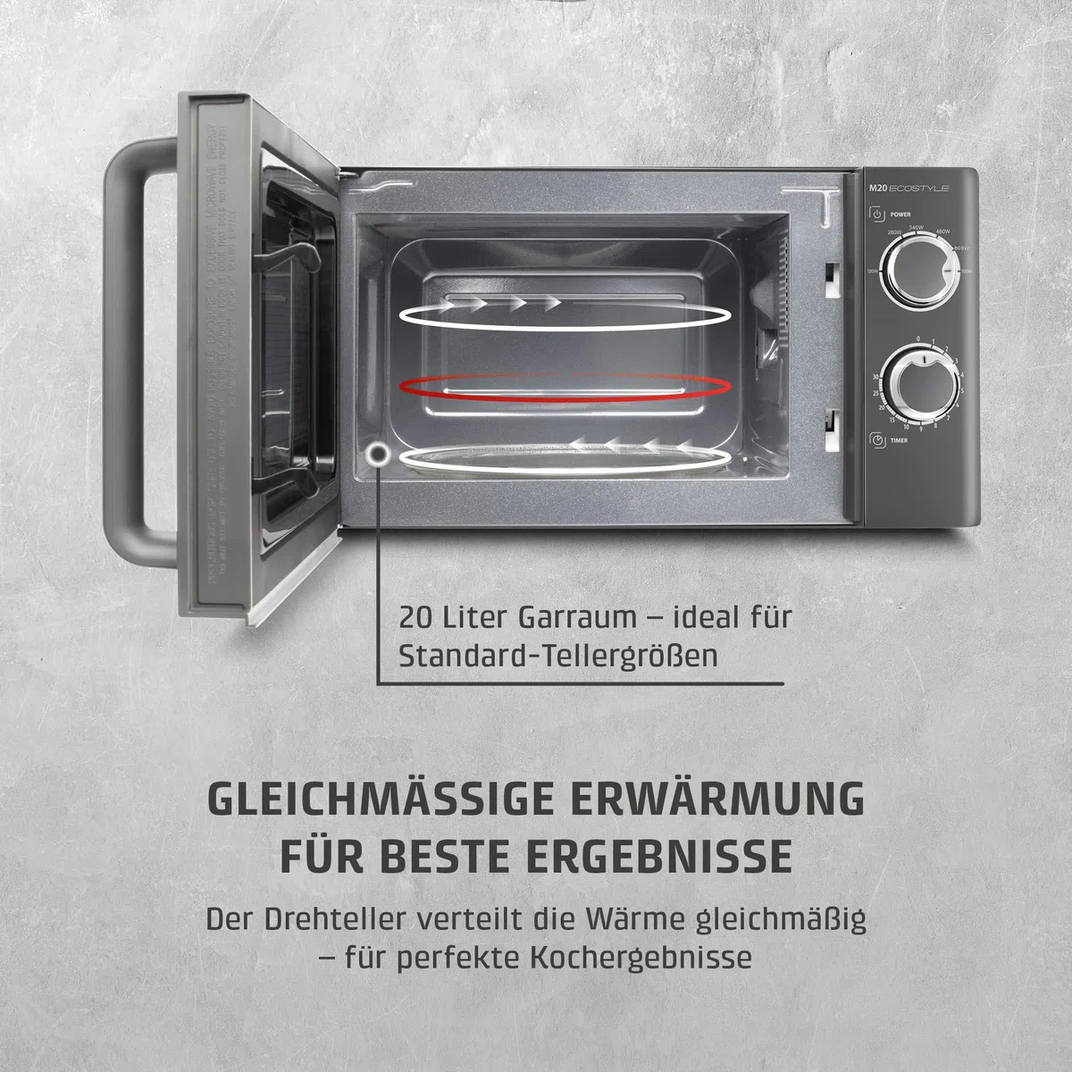 CASO M20 Ecostyle, Mikrowelle, 20 L Garraum, 700 Watt Leistung, anthrazit | einfache Bedienung, Drehteller Ø 24,5cm