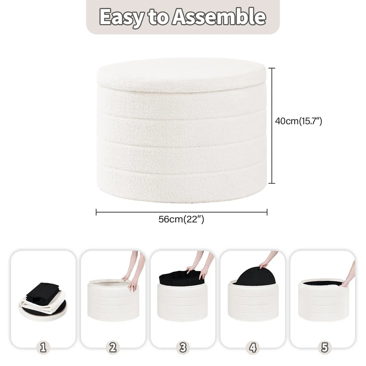 PINPLUS Hocker mit Stauraum Rund Sitzhocker mit Deckel, Faltbare Fußhocker Polsterhocker Couchtisch Ø56x40 cm für Wohnzimmer, Schlafzimmer & Flur, Cremeweiß