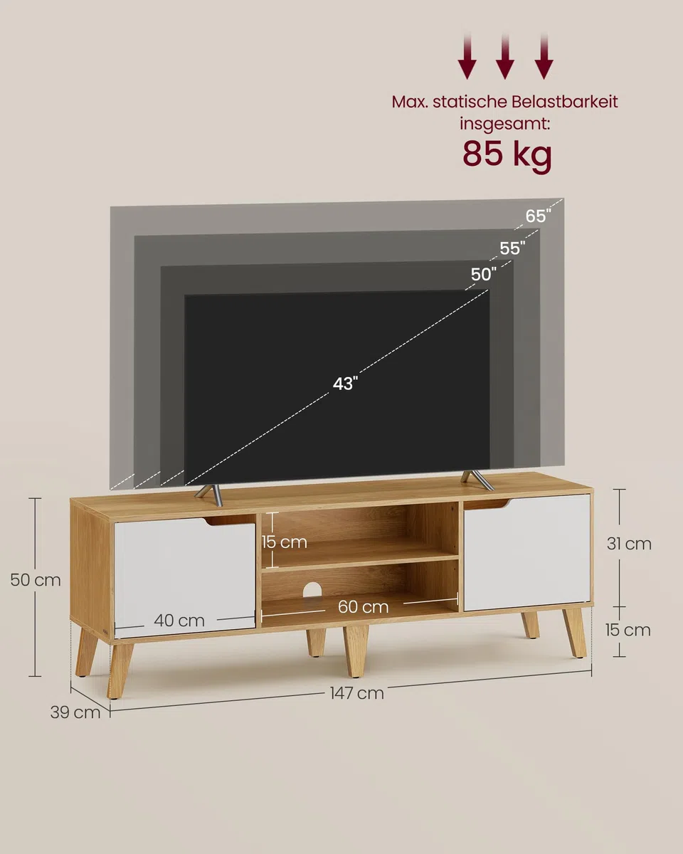 VASAGLE TV-Schrank, Lowboard, Fernsehschrank mit Verstellbarer Ablage, für Fernseher bis zu 65 Zoll, 147 cm lang, Übergangsstil, Fernsehtisch, Wohnzimmer, natureichenfarben-cremeweiß LTV556Y01