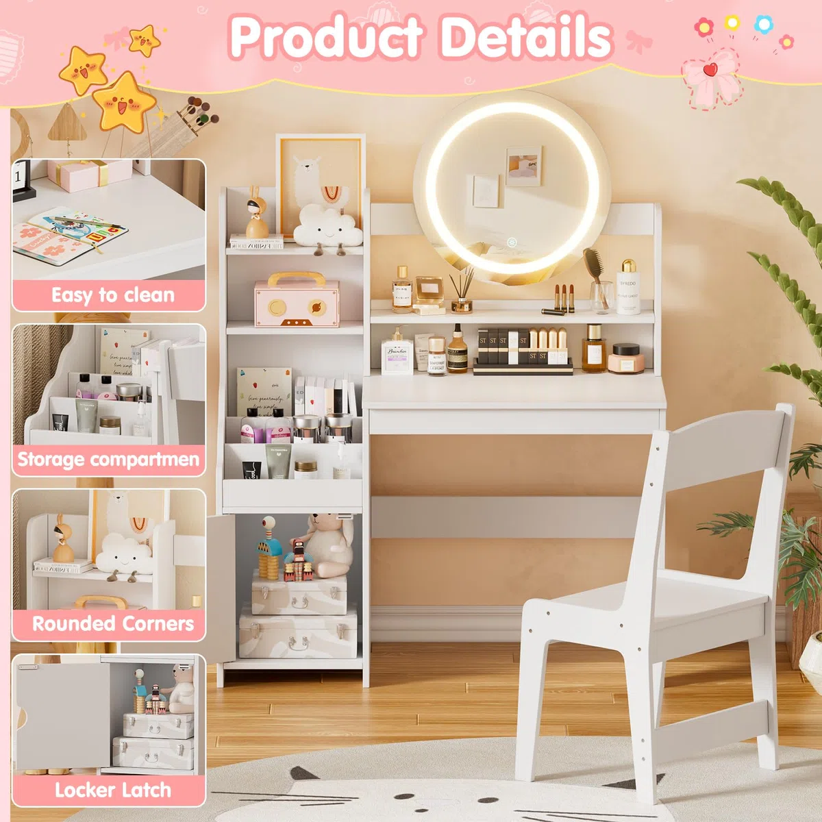 MSFE 2 in 1 Schminktisch Kinder Set, Kinderschminktisch Prinzessin Frisiertisch mit Hocker, LED-Spiegel & Stauraum Schrank, Frisierkommode Mädchen Holz ab 5 mit offenen Fächern (Weiß)