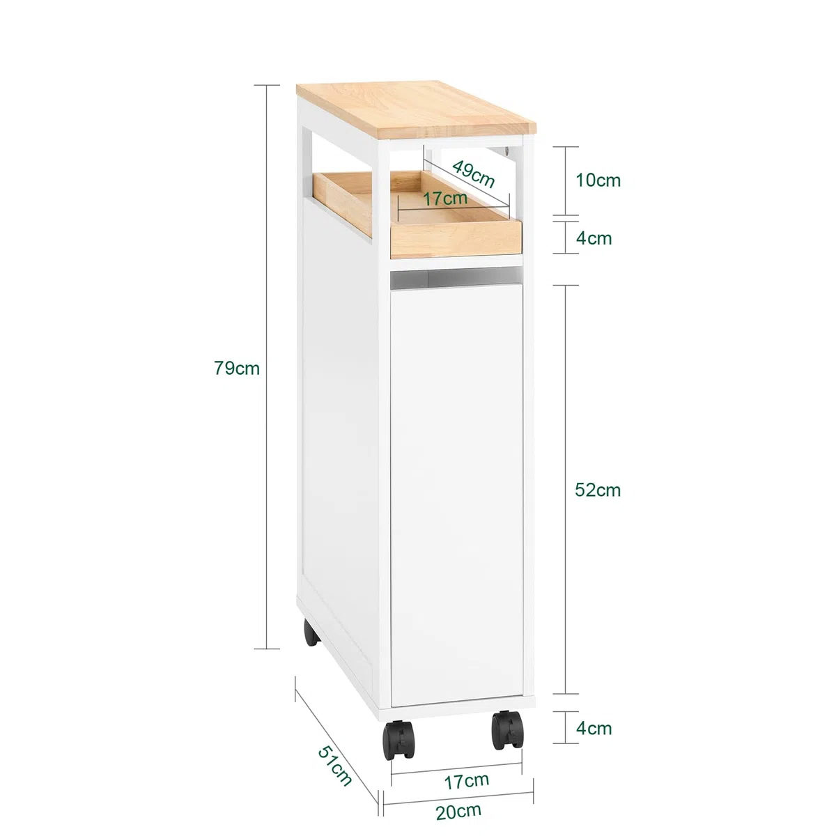 SoBuy Nischenschrank 20 cm mit Rollen – platzsparender Apothekerschrank Küche, schmaler Rollwagen und küchenregal schmal für Küche & Bad, Nischenregal für Enge Räume, 79 × 51 × 20 cm Weiß NSR11-WN
