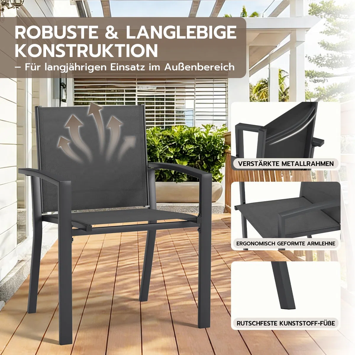 UDPATIO Gartenstühle Stapelbar 4er Set, Gartenstuhl Hochlehner, Balkonstuhl Wetterfest, Stapelstühle, Terrassenstühle Wetterfest 160kg Belastbar, Grau