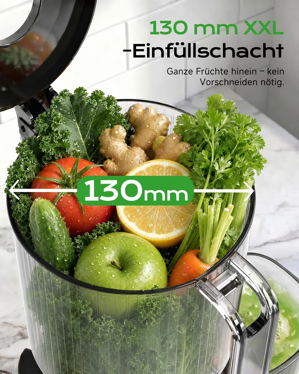 Entsafter Gemüse und Obst Testsieger, Slow Juicer mit 130 MM XL-Einfüllschacht, 600 mL Saftbehälter, Elektrische Juicer Machine für Familien, Gesundheitsbewusste