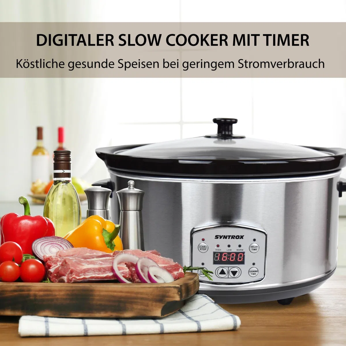 Syntrox Germany 6,5 l Slow Cooker | Schmortopf | Schongarer | Multikocher Solier, Spülmaschinengeeignet, mit Glasdeckel, Küchengerät, 320 Watt, Gesunde Küche