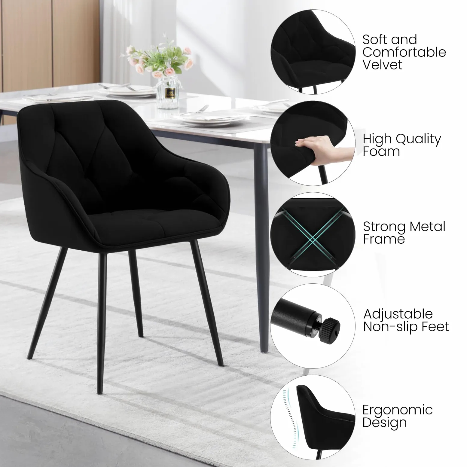 WOLTU Esszimmerstühle 4er Set, für Esszimmer Wohnzimmer, ergonomische Küchenstühle gepolstert mit Armlehnen, Metallbeinen, Sitzfläche aus Samt, Schwarz
