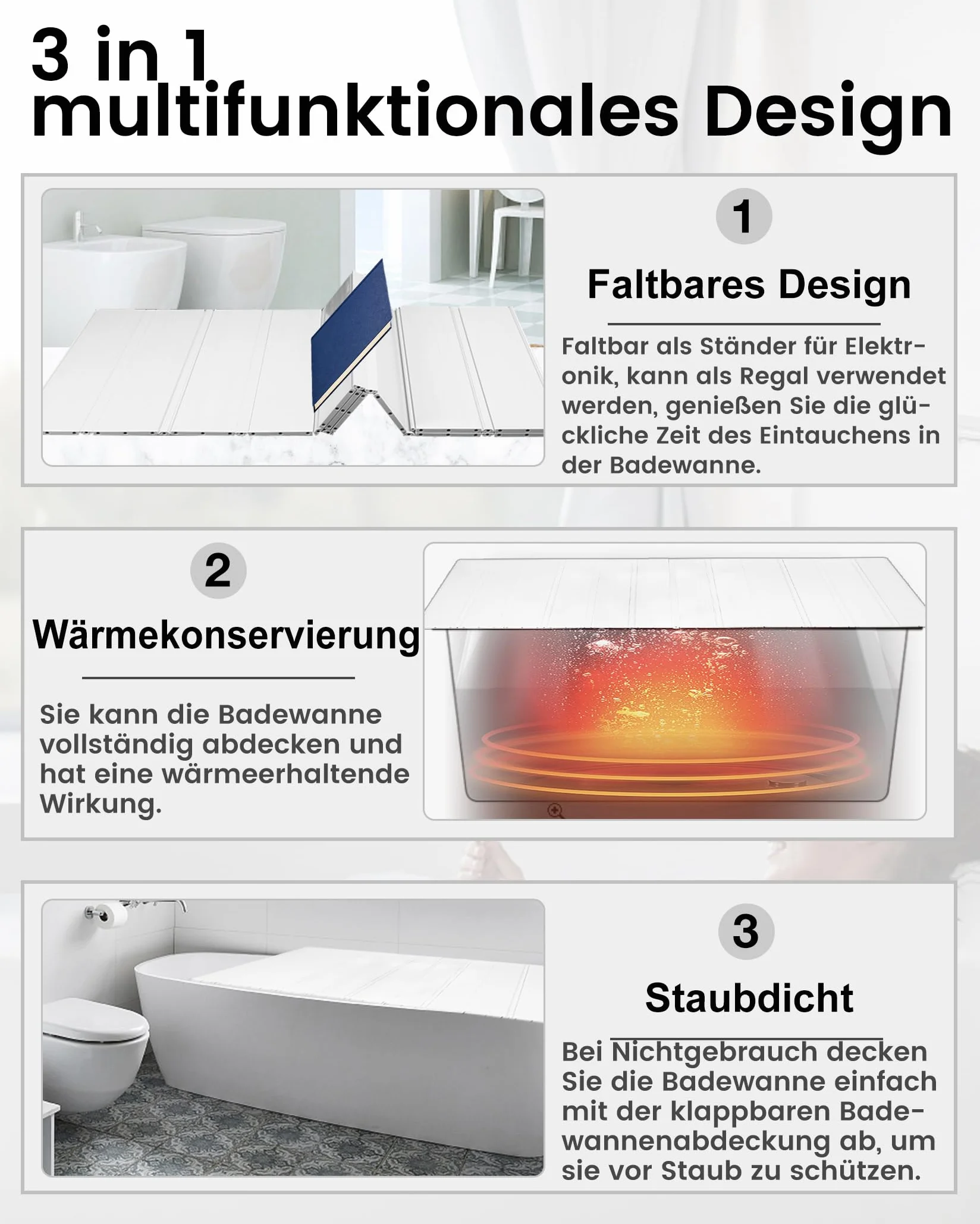 80x180cm Badewannenabdeckung bis 10kg Belastbar - 12mm Badewannenbretter Faltbare Badewannenablage Dämmplatte Staubdicht Wasserdicht für Haus Badewannen Badezimmer SPA Weiß