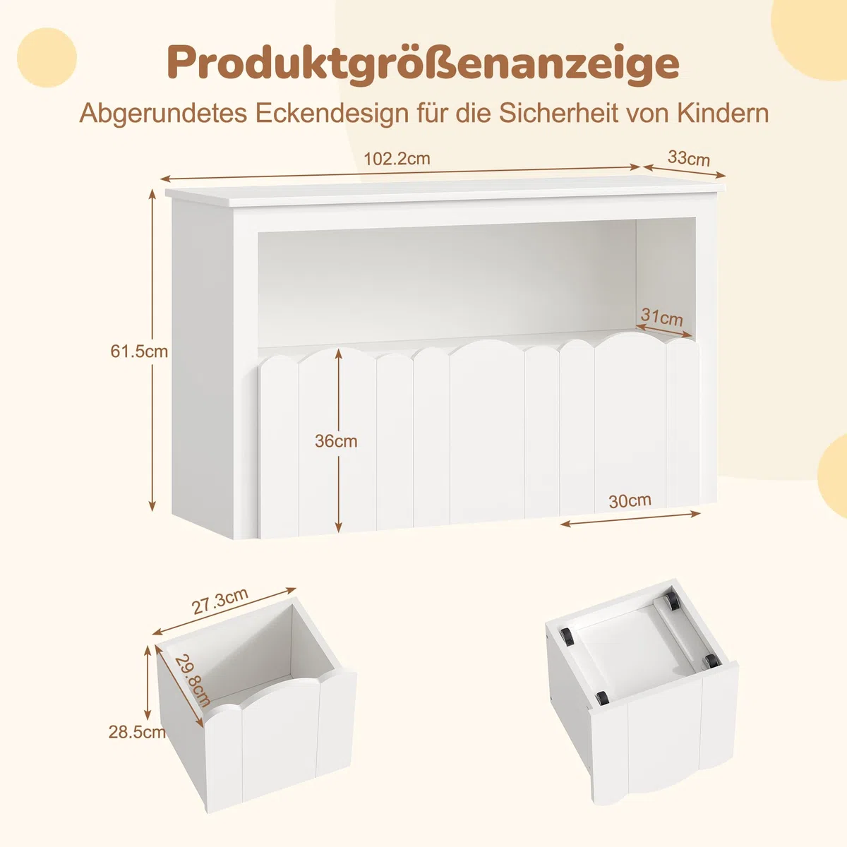 YOUDENOVA Kinderregal, Kinderzimmer Möbel mit 3 Boxen, Spielzeug Aufbewahrung auf Rollen, 102,2x33x61,5 cm, Aufbewahrung Kinderzimmer für Bilderbücher, Geschichtenbücher und Spielzeug, Weiß