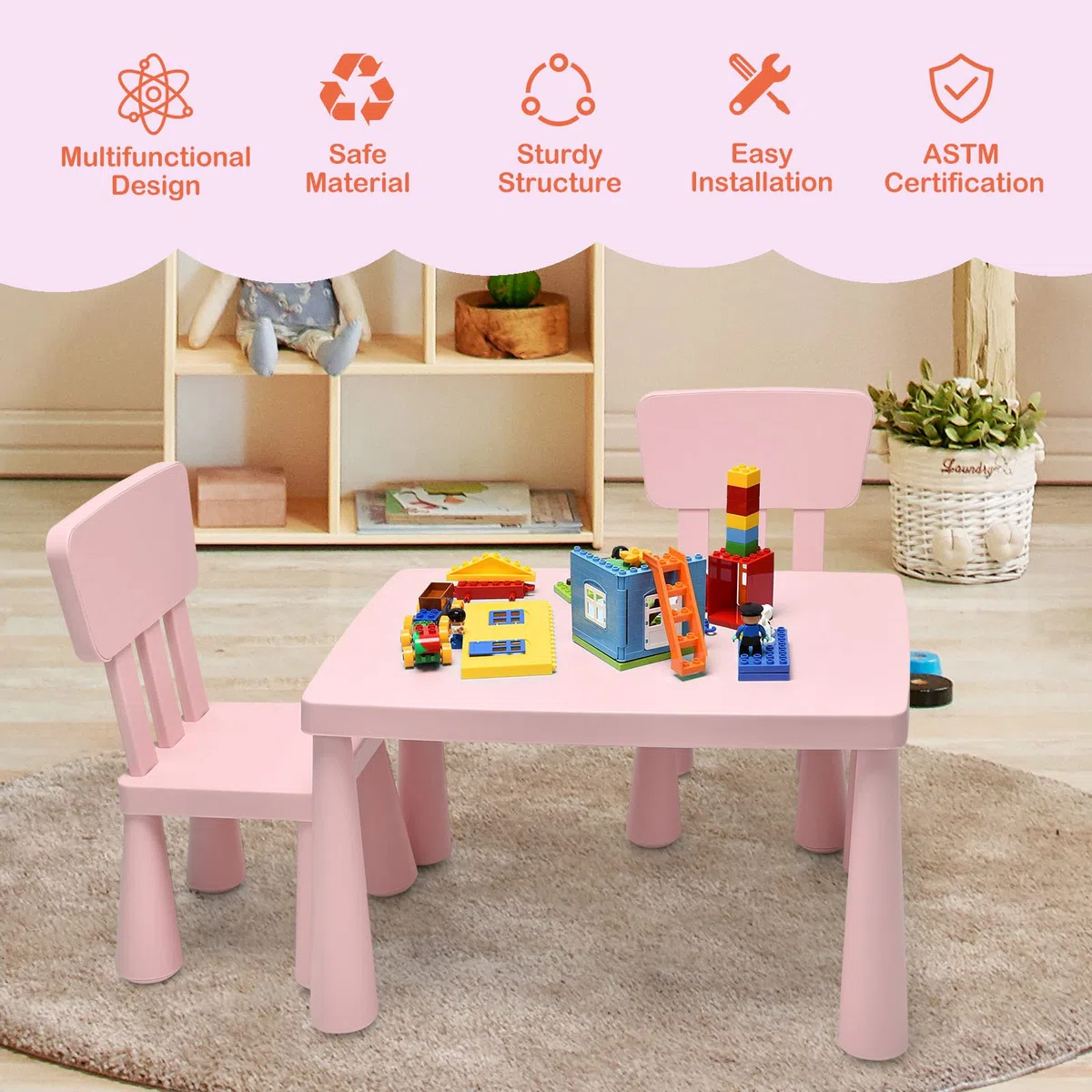 LIFEZEAL Kindertisch mit 2 Stühlen, Niedliche Kindersitzgruppe aus Kunststoff, Kindermöbel mit Rückenlehne & Runden Kanten, Kindertisch und Stuhl Set für Mädchen & Jungen (Rosa)