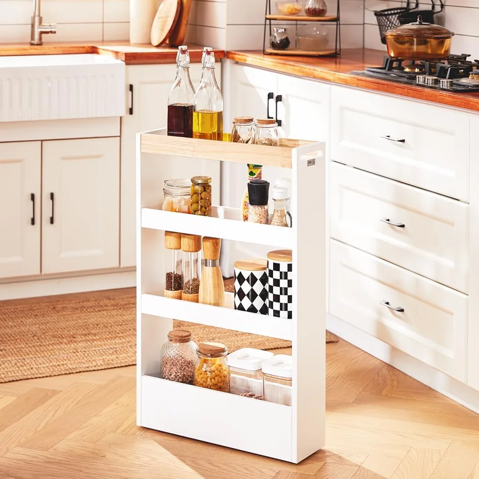 SoBuy Nischenschrank 15 cm Breit Rollwagen Schmal Küchenregal mit Rollen, Platzsparendes Nischenregal für Küche & Badezimmer, Ideale Lösung für kleine Räume, Apothekerschrank Küche 80x50x15 cm NSR12-W