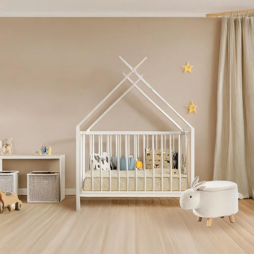 Kobolo Hocker Bunny | weiß 60x35x37 cm | Tierhocker mit Staufach | Bouclé-Teddystoff | Flauschige Sitzgelegenheit & Aufbewahrung im Tierdesign für Kinder