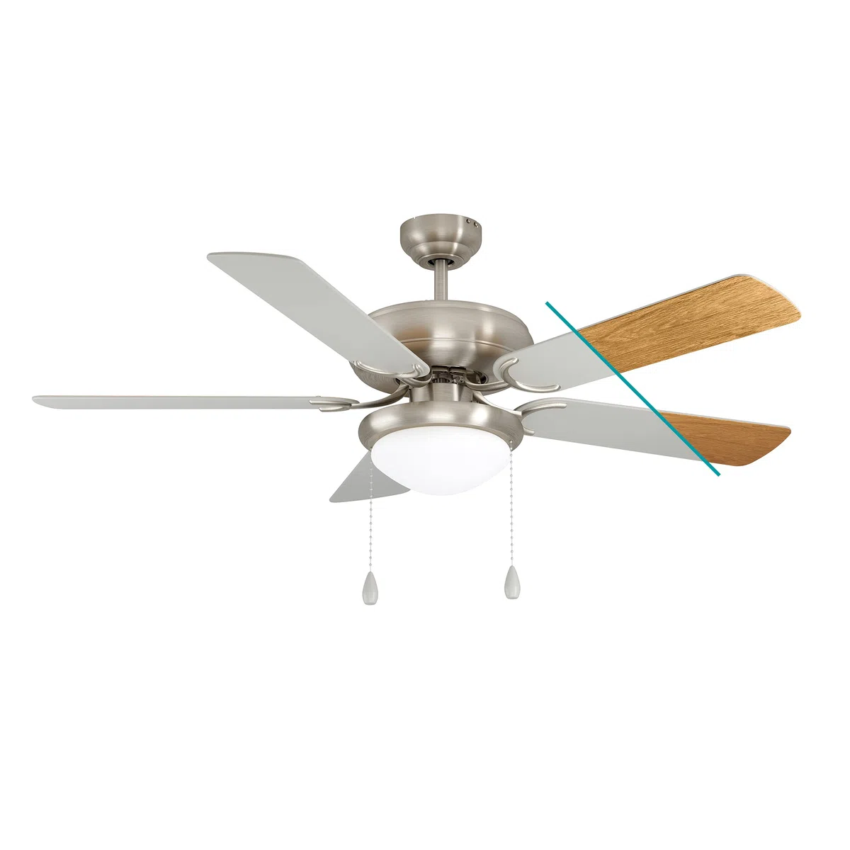 EGLO Deckenventilator BALLINA, 5 Flügel Ventilator mit Licht, Zugkette, Wendeflügel aus Schichtholz in Silber oder Eiche, Gehäuse aus Stahl in Nickel-Matt, Sommer Winter Betrieb, AC Motor, Ø 132cm | Wendeflügel aus Schichtholz in Silber oder Eiche, Gehäus
