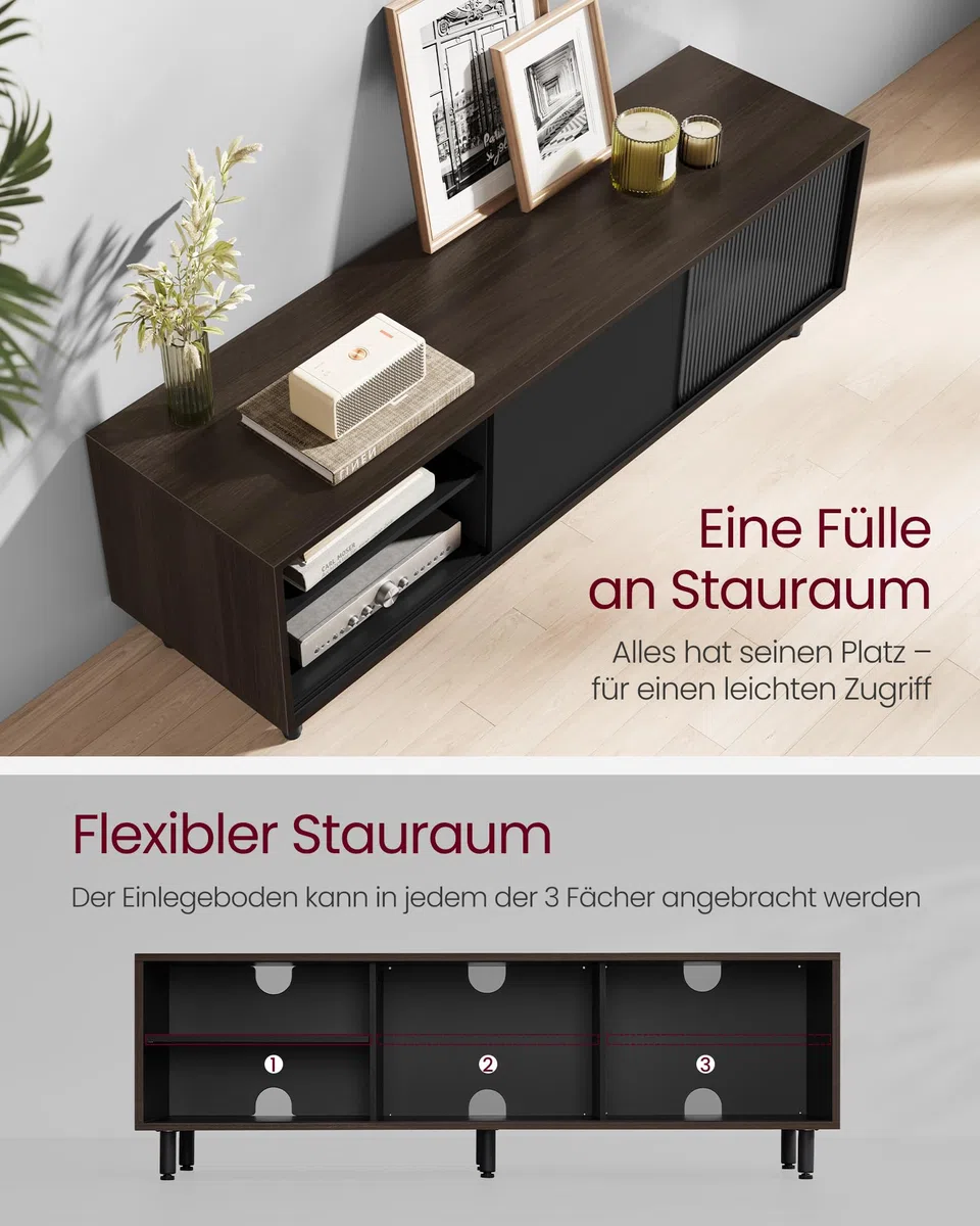 VASAGLE TV-Schrank Lowboard, Snapsemble – superschnelle Montage, Fernsehtisch für Fernseher bis 32/45/50/55/60 Zoll, Modernes Design, Wohnzimmer, Riffelglas, 140 x 39 x 45 cm, Schwarz LTV466K02