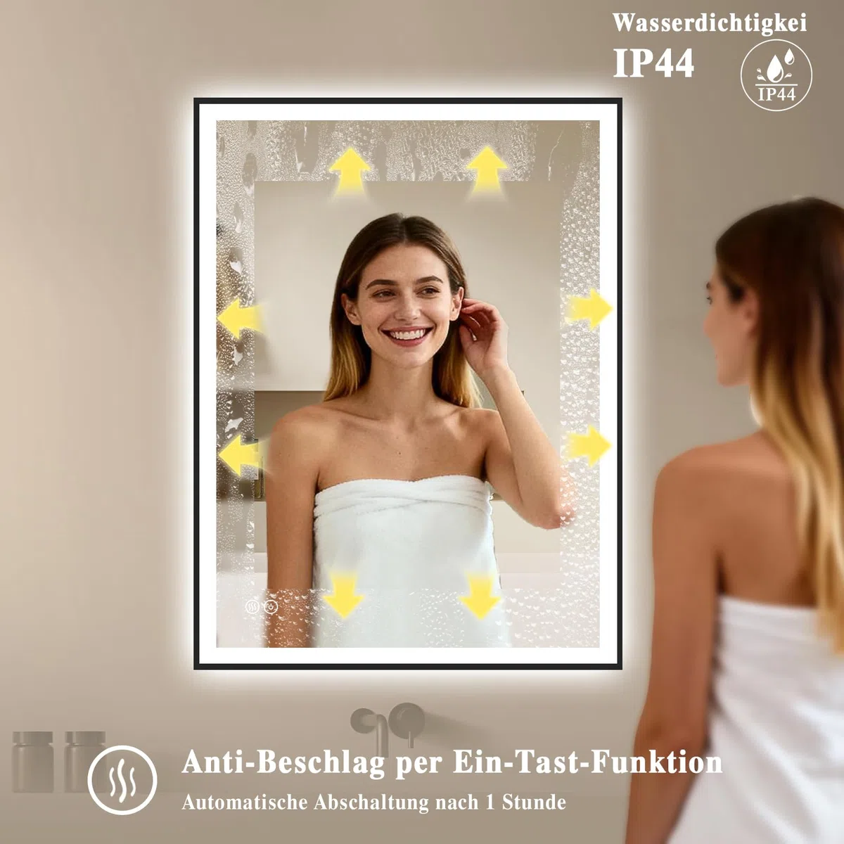 Badspiegel-mit-Beleuchtung 40x60 - Badezimmerspiegel LED Badezimmer Spiegel mit Beleuchtung - Beschlagfrei, Dimmbar, 3 Lichtfarben, Wandspiegel Led-Spiegel-Bad Schwarz Metallrahmen Horizontal/Vertikal