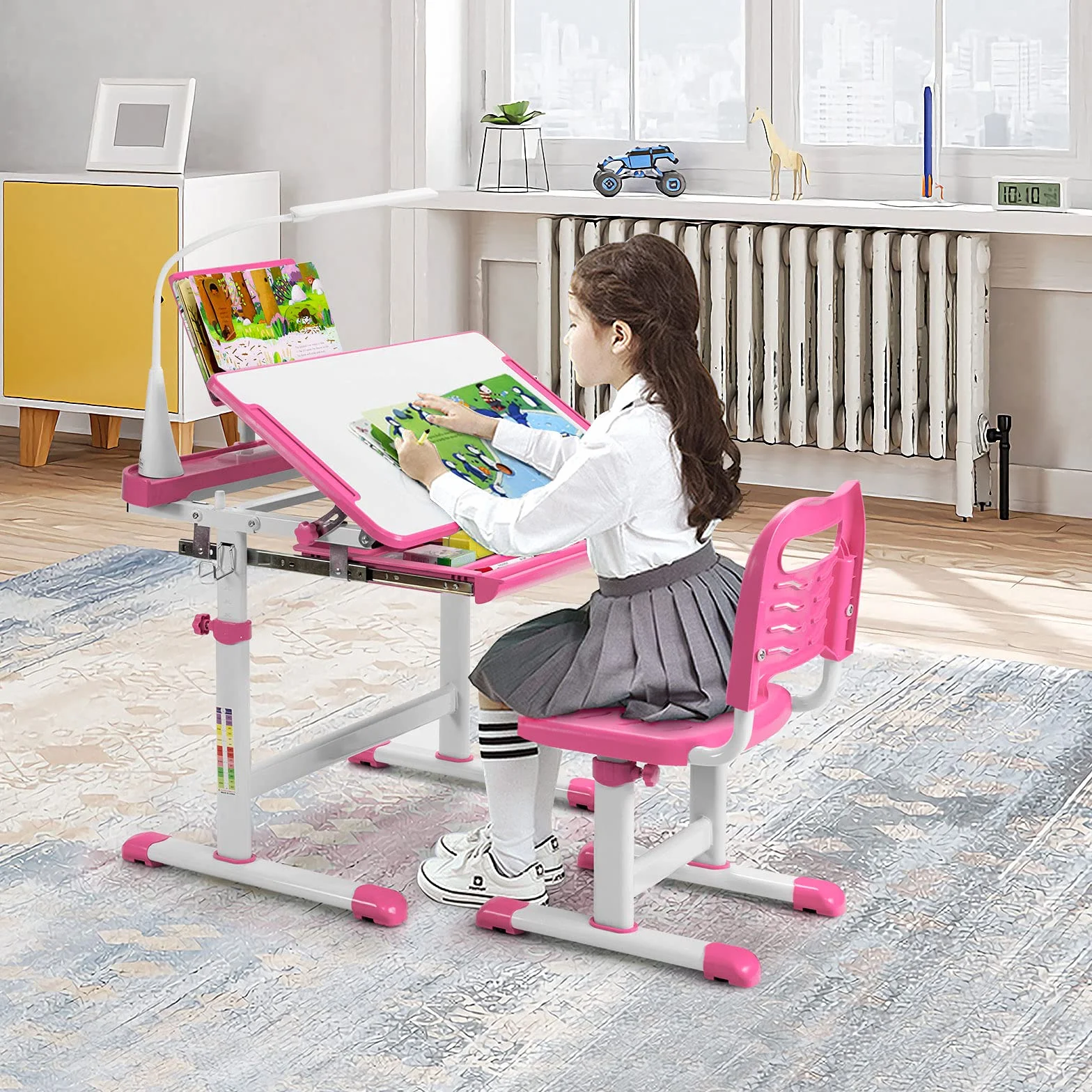 COSTWAY Kinderschreibtisch Set mit Bücherständer & LED-Licht, höhenverstellbarer Kindertisch und Stuhl mit gekippter Tischplatte & Schublade, Kinder Schreibtisch für Jungs & Mädchen (Rosa)