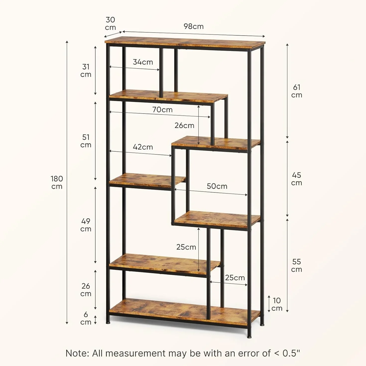 Bealife Bücherregal, 5-stöckiges Versetztes Bücherregal. Offenes Freistehendes Regal für Wohnzimmer, Industriedesign, 98 x 30 x 180 cm, Büro, Arbeitszimmer, Retro