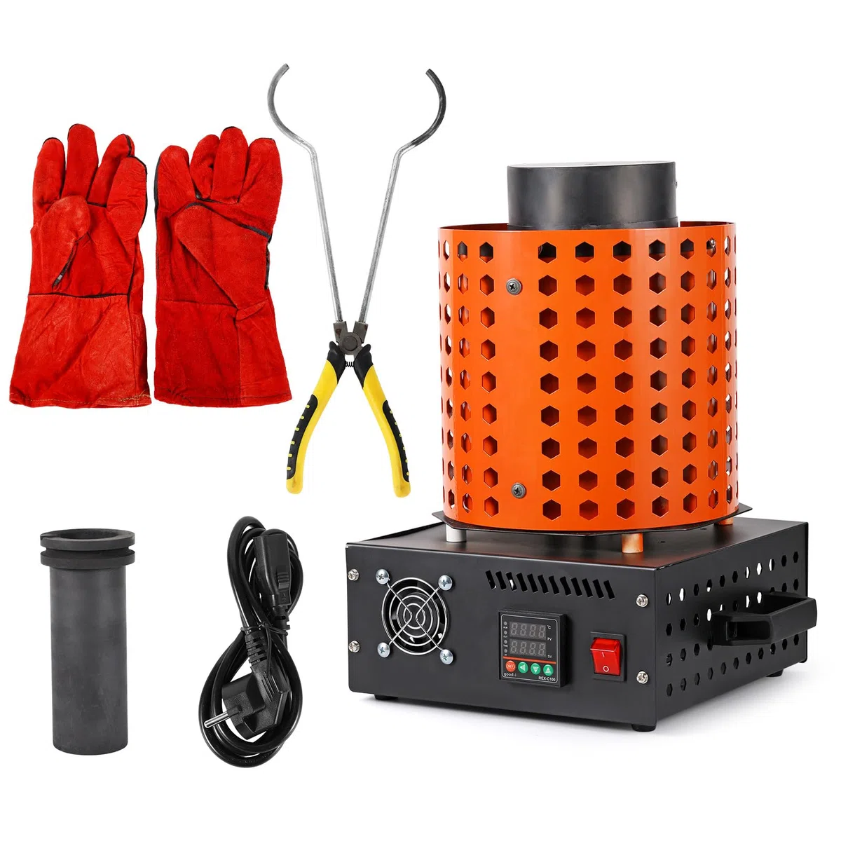 Goldschmelzofen1750 W 1150 ℃ Max. Temperatur, Digitaler Elektrischer Schmelzofen 3 kg Keramiktiegel mit Tiegelzange & Handschuhen, zur Verarbeitung von Gold Silber Kupfer Aluminium