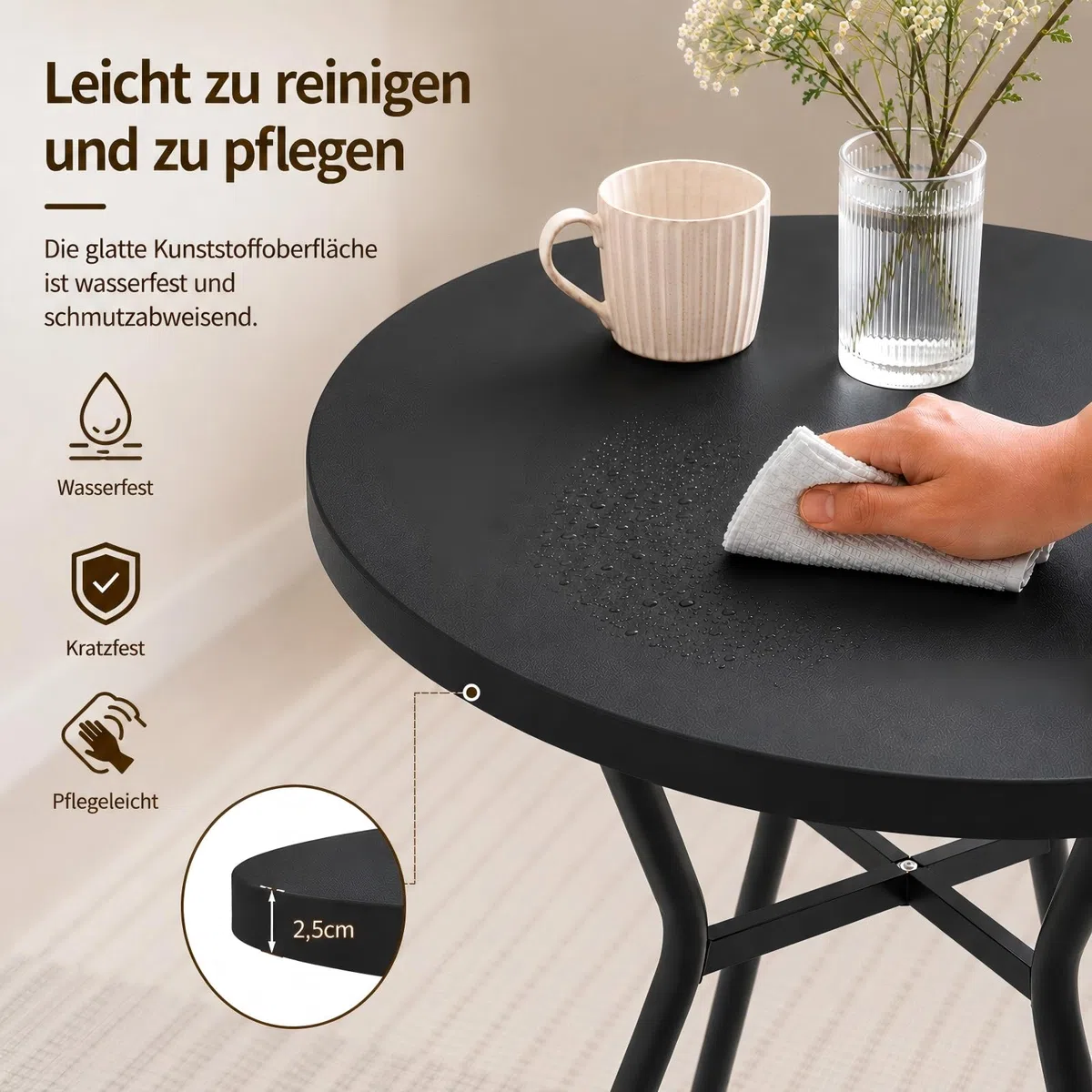 JIJIAN Runder Esstisch für 2-4 Personen, Kleiner Küchentisch 80 x 80 x 75 cm, Metallbeine, ideal für kleine Wohnungen, Küche, Esszimmer, Balkone und Gärten, Schwarz