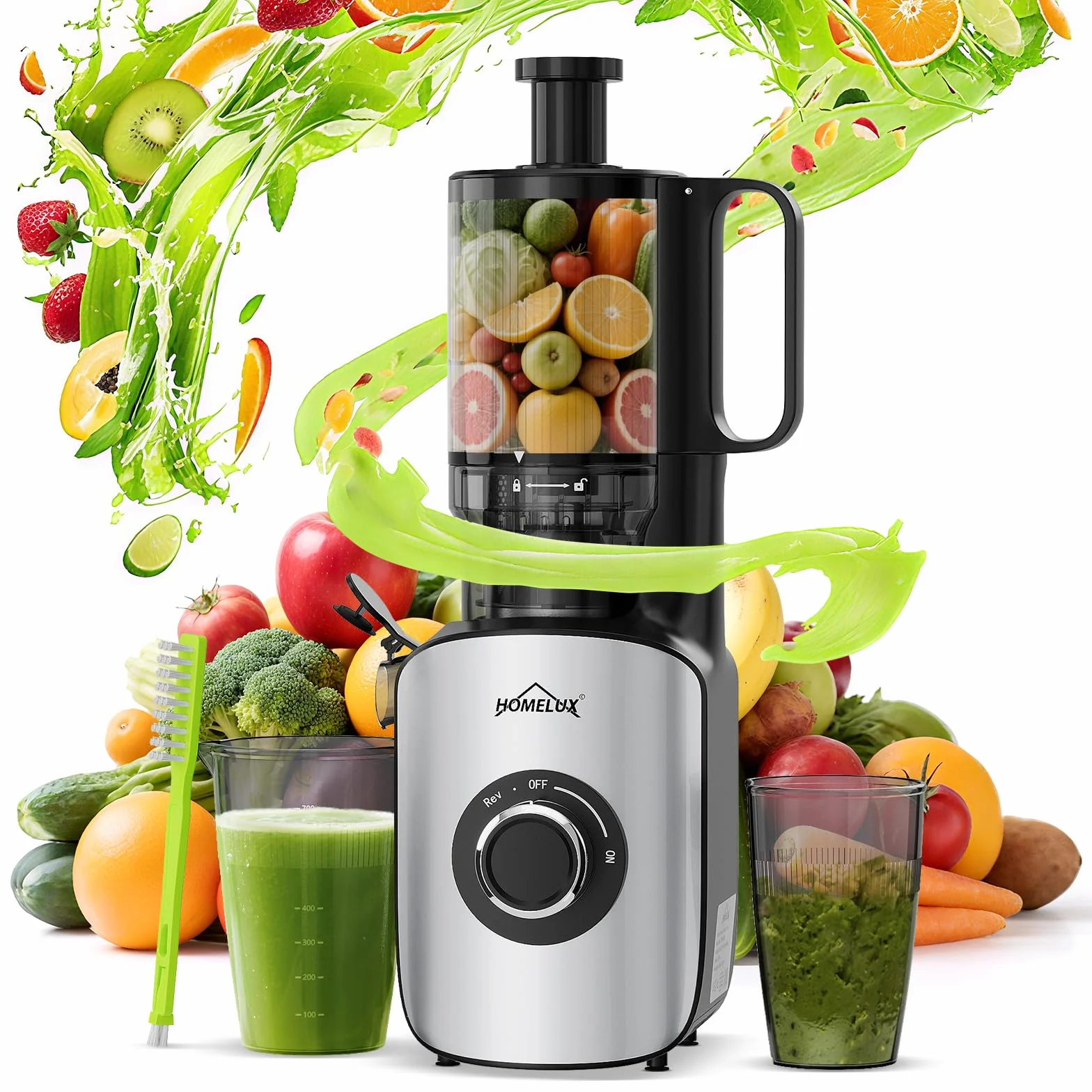 HOMELUX 220W Entsafter Slow Juicer mit 126 MM Breitem Einfüllschacht, Entsafter Gemüse und Obst Testsieger Saftpresse mit Dreifachem Filter, BPA-frei Einfache Reinigun, Silber