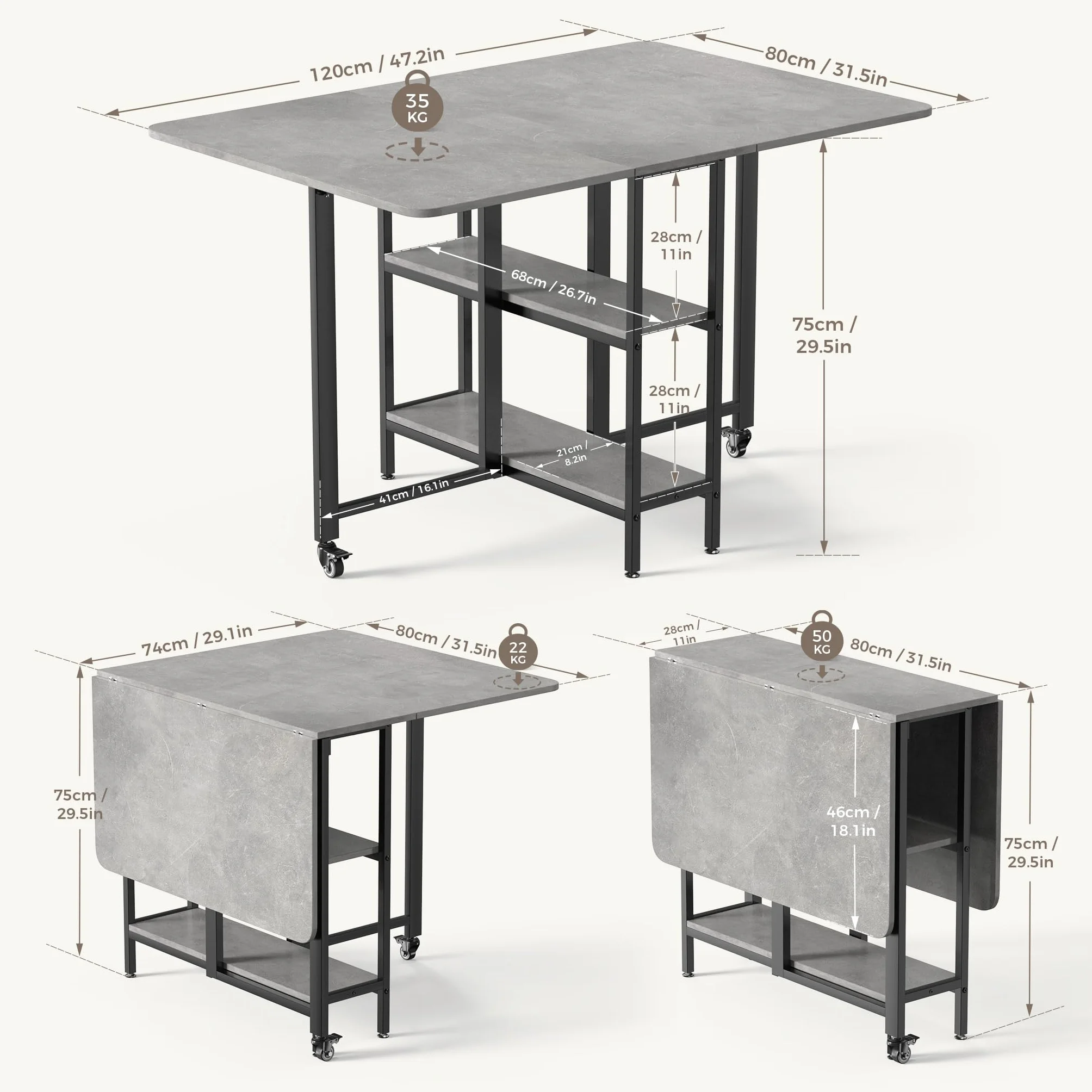 Mondeer Mobiler Klappbarer Esstisch, Klapptisch mit 2 Offenen Ablagen für Kleine Räume Esszimmer Küche, 120 x 80 x 75 cm, Grau