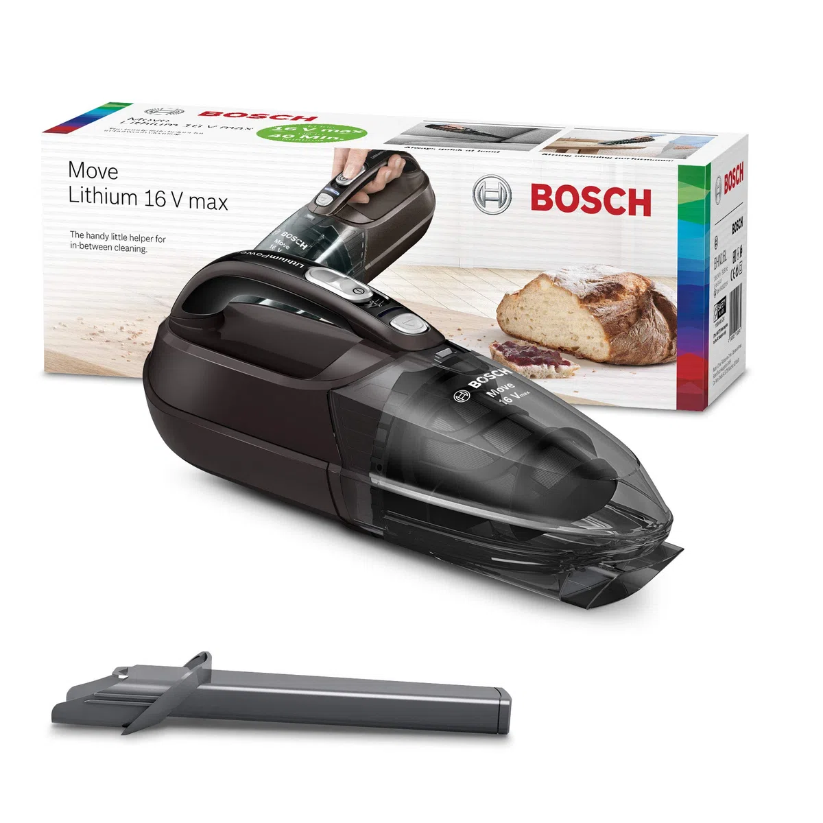 Bosch Hausgeräte Handstaubsauger Move Lithium 16V max BHN16L, Akku-Staubsauger, ideal für Polster und Auto, beutellos, kabellos, leicht, hohe Saugkraft, Lange Laufzeit, Lithium-Ionen-Akku, grau
