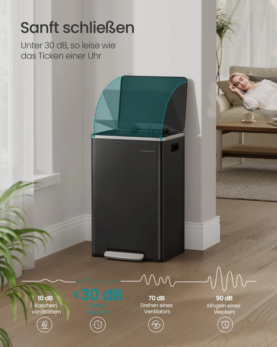 SONGMICS Mülleimer 50 L, 15 Müllsäcke, Stahl, herausnehmbarer Inneneimer aus Kunststoff, mit Deckel, Griffe, Softclose, tintenschwarz LTB595B02