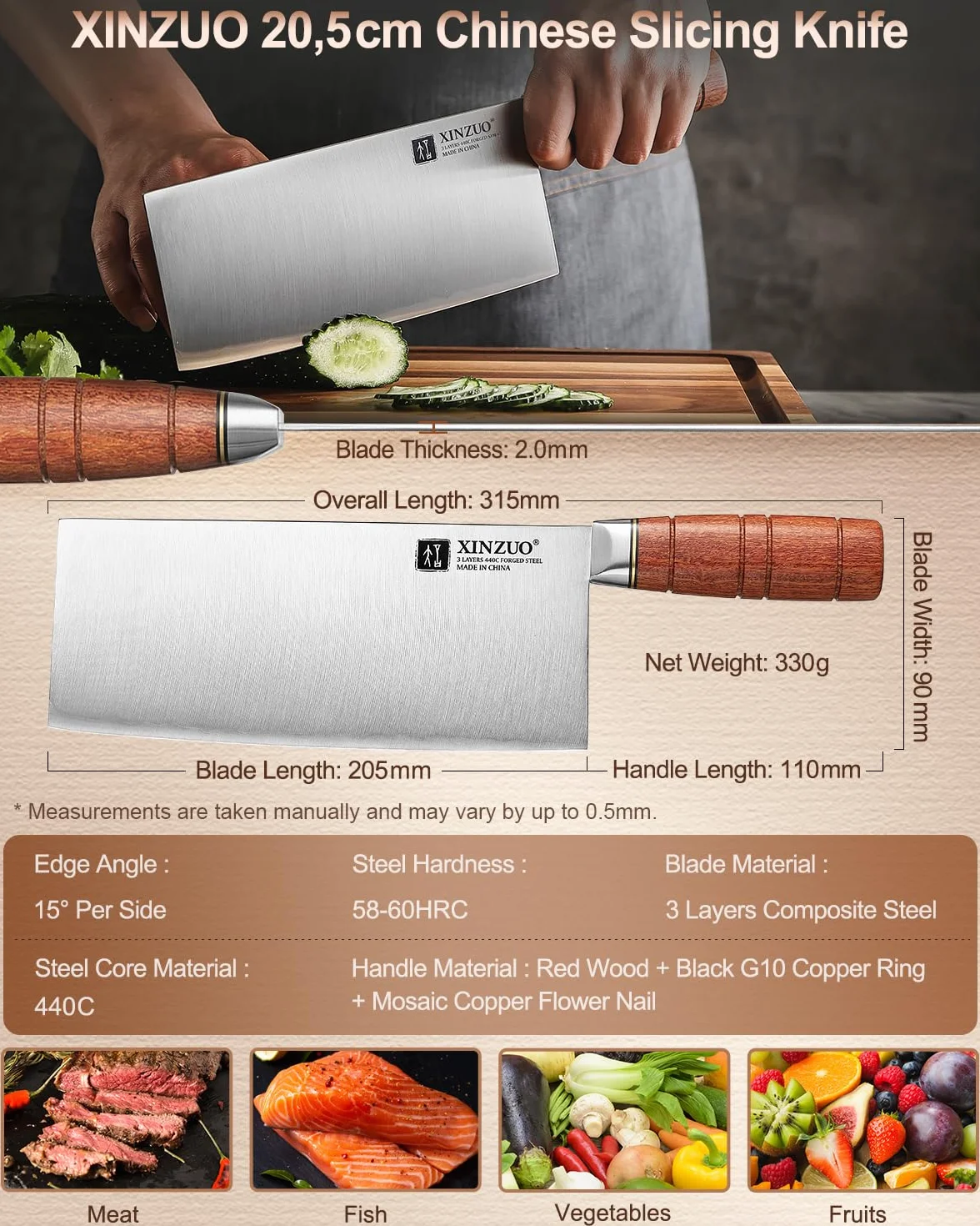 XINZUO 20,5cm Chinesisches Kochmesser 3 Schichten Verbundstahl Küchenmesser- Multifunktions Chefmesser Scharfes Edelstahl Profi Hackmesser -Ergonomischer Griff aus Red Wood -mit Geschenkbox