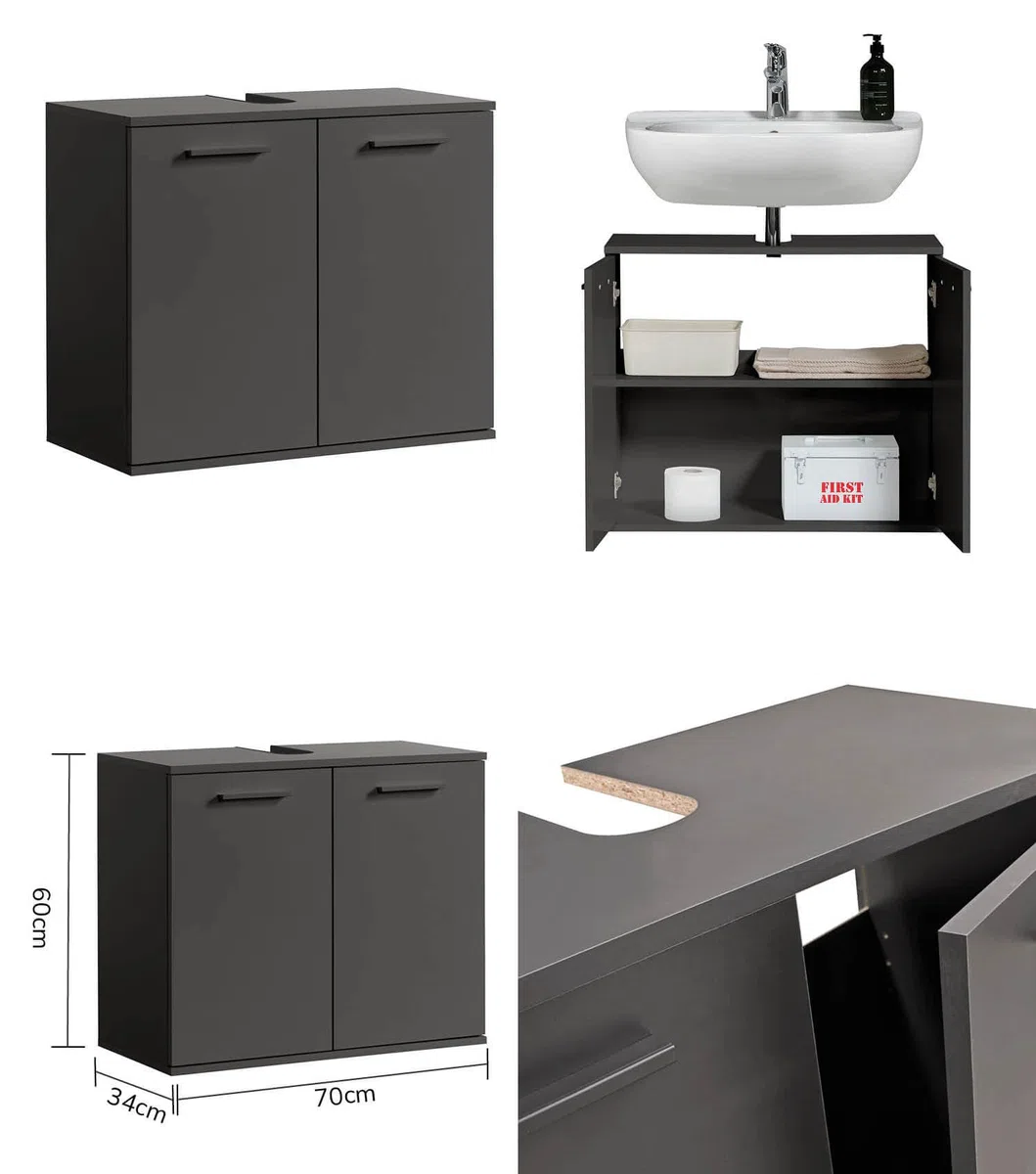 mokebo Badmöbel Set 'Der Steuermann' (2-teilig) Made in Germany, Badezimmer Set aus Holz in Anthrazit-Schwarz, Komplettset mit Waschbeckenunterschrank & Hochschrank, Badmöbel Garnitur