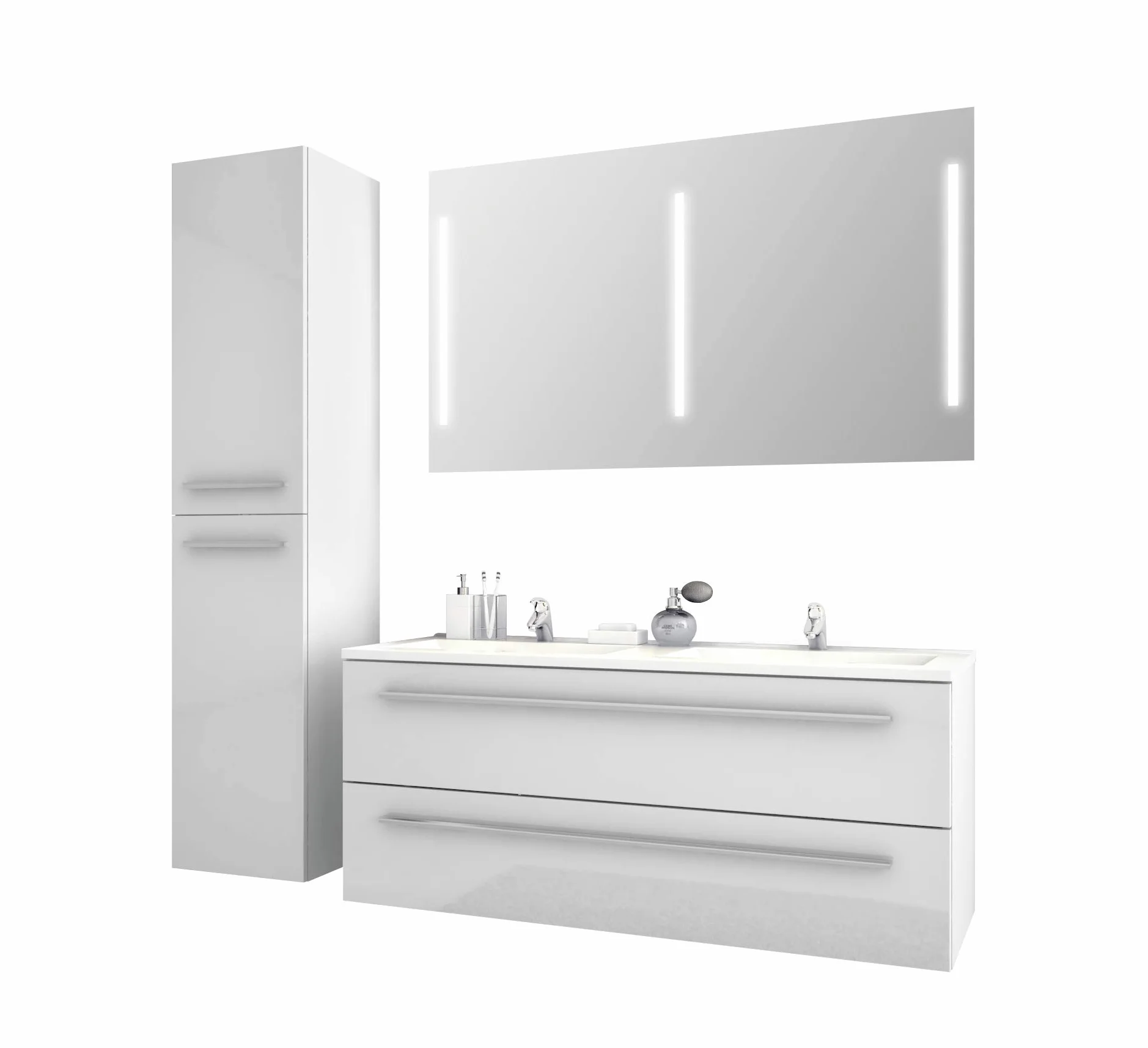 Sieper I Badmöbel Set Libato, Doppelwaschtisch mit Unterschrank 120 x 50 cm, Hochschrank und Badspiegel I Weiß