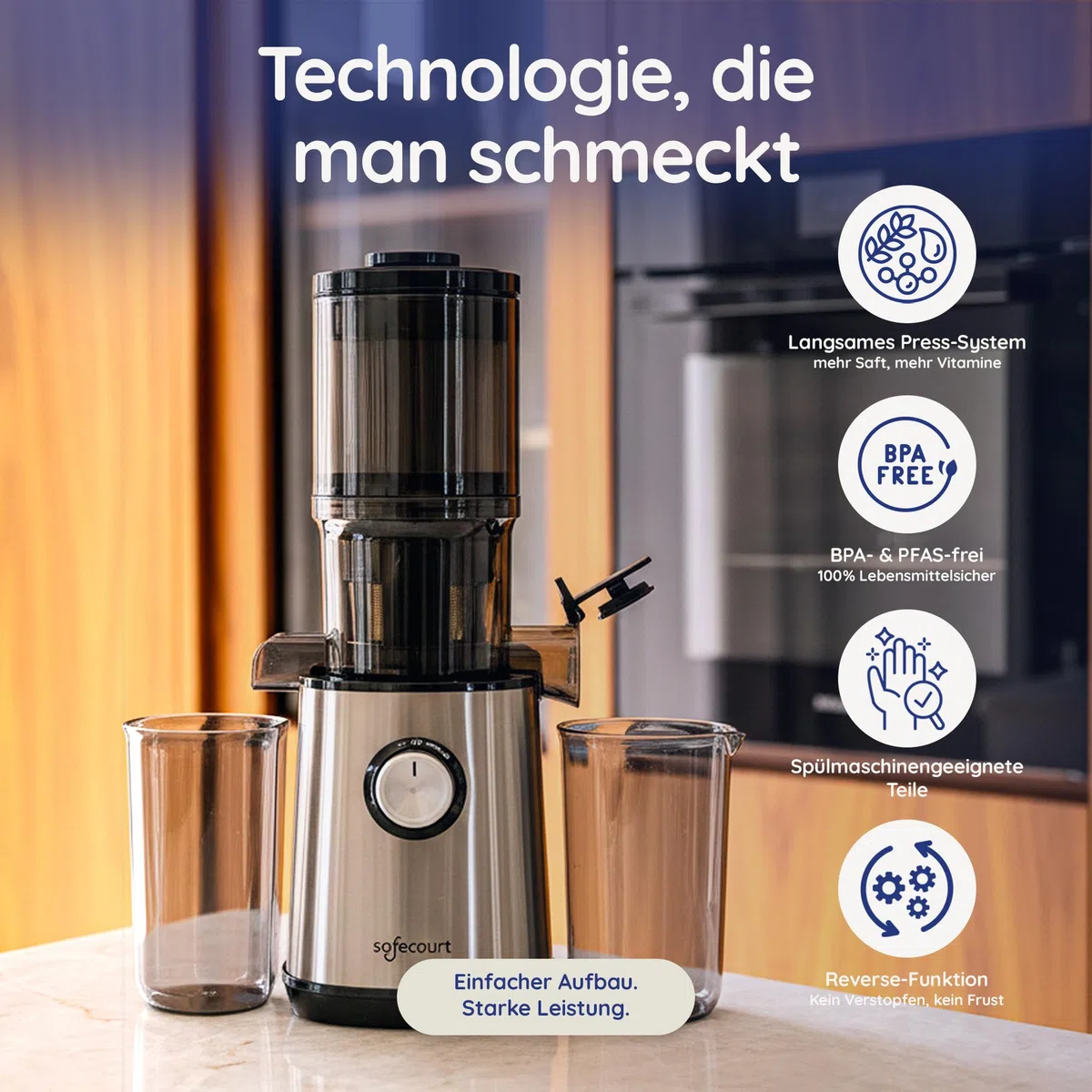 Safecourt Entsafter Gemüse und Obst - Slow Juicer [XXL Einfüllschacht für Ganzes Obst und Gemüse] Saftpresse elektrisch [mit 90% Saftergebnis] - Obstpresse [mit 1.5 Liter Fassungsvermögen] - Silber