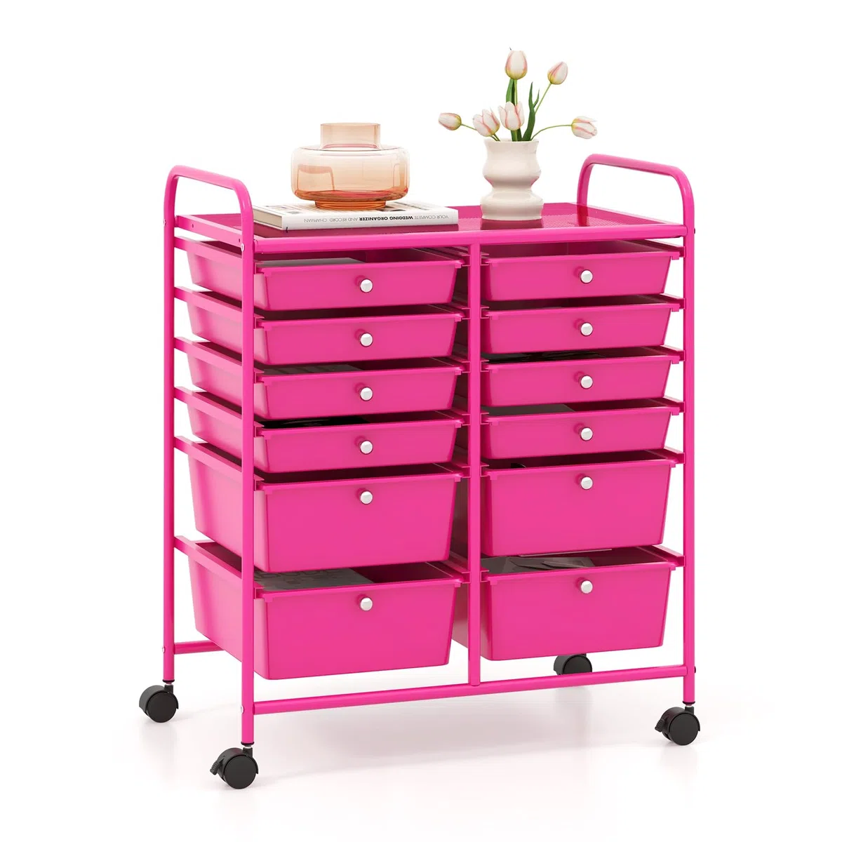 GOPLUS Rollwagen Schubladenwagen, Rollcontainer mit 12 stapelbaren Schubladen, Haushaltwagen auf Rollen mit Bremsen, Badtrolley Badregal, Aufbewahrungswagen für Heim und Büro (Hot Pink)