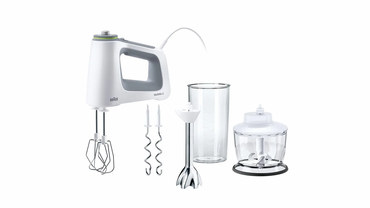 Braun MultiMix 5 HM 5137 Handmixer – Handrührgerät mit stufenloser Geschwindigkeitsregelung, inkl. Schneebesen, Knethaken, Pürierstab, Zerkleinerer und 600 ml Mix- und Messbecher, 750 Watt, weiß